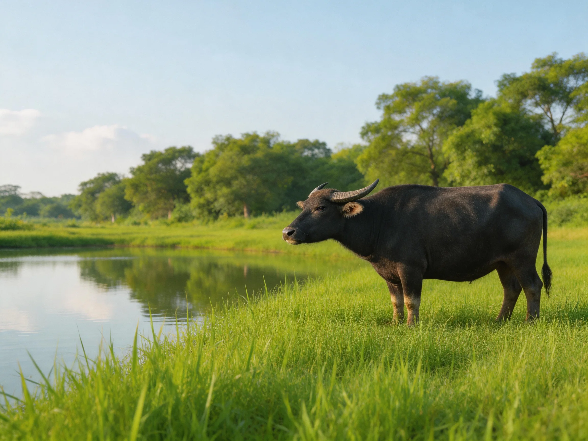 A black buffalo stands by a calm river with lush green surroundings.