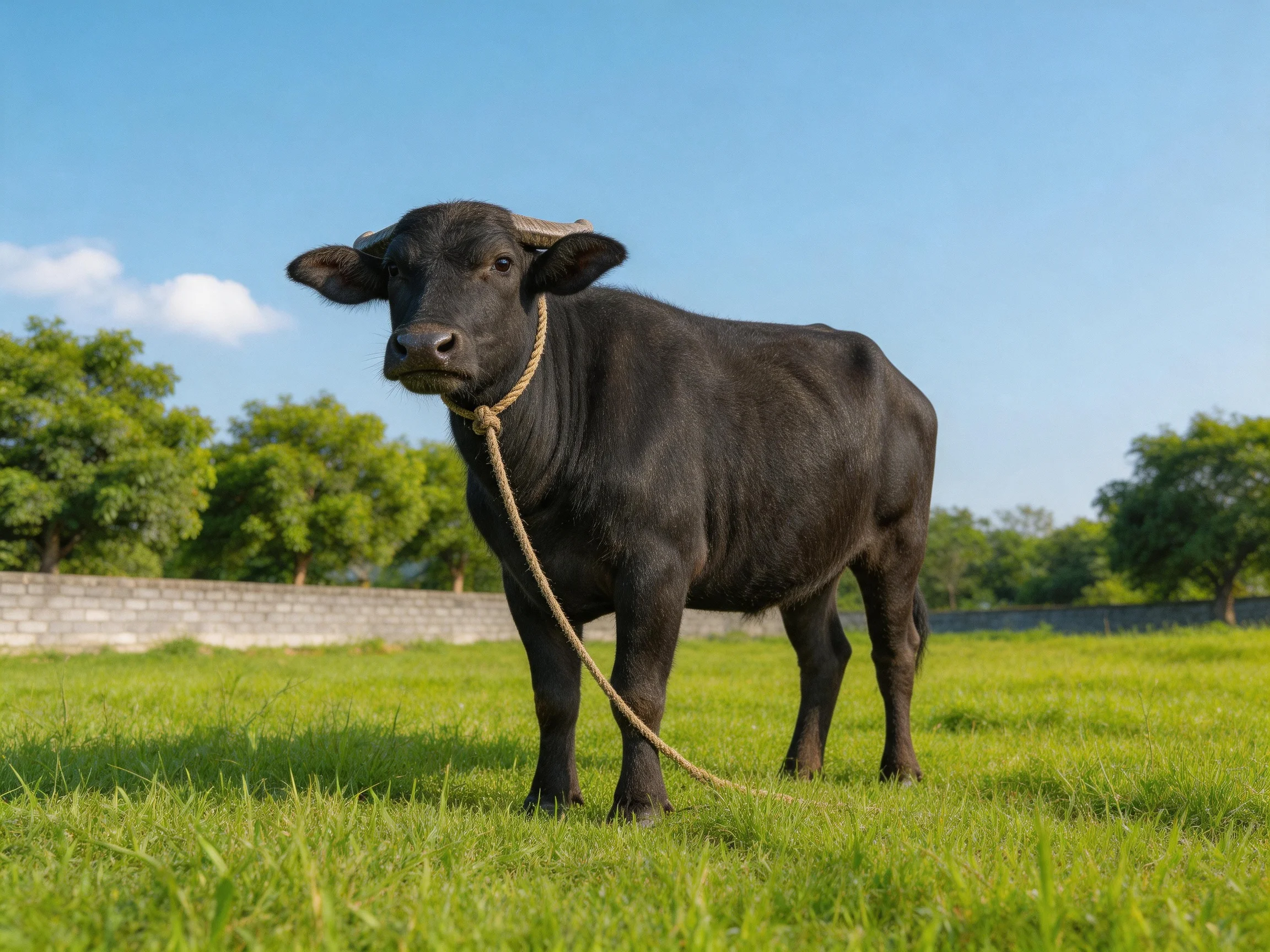 A black buffalo tied with a rope in a lush green field