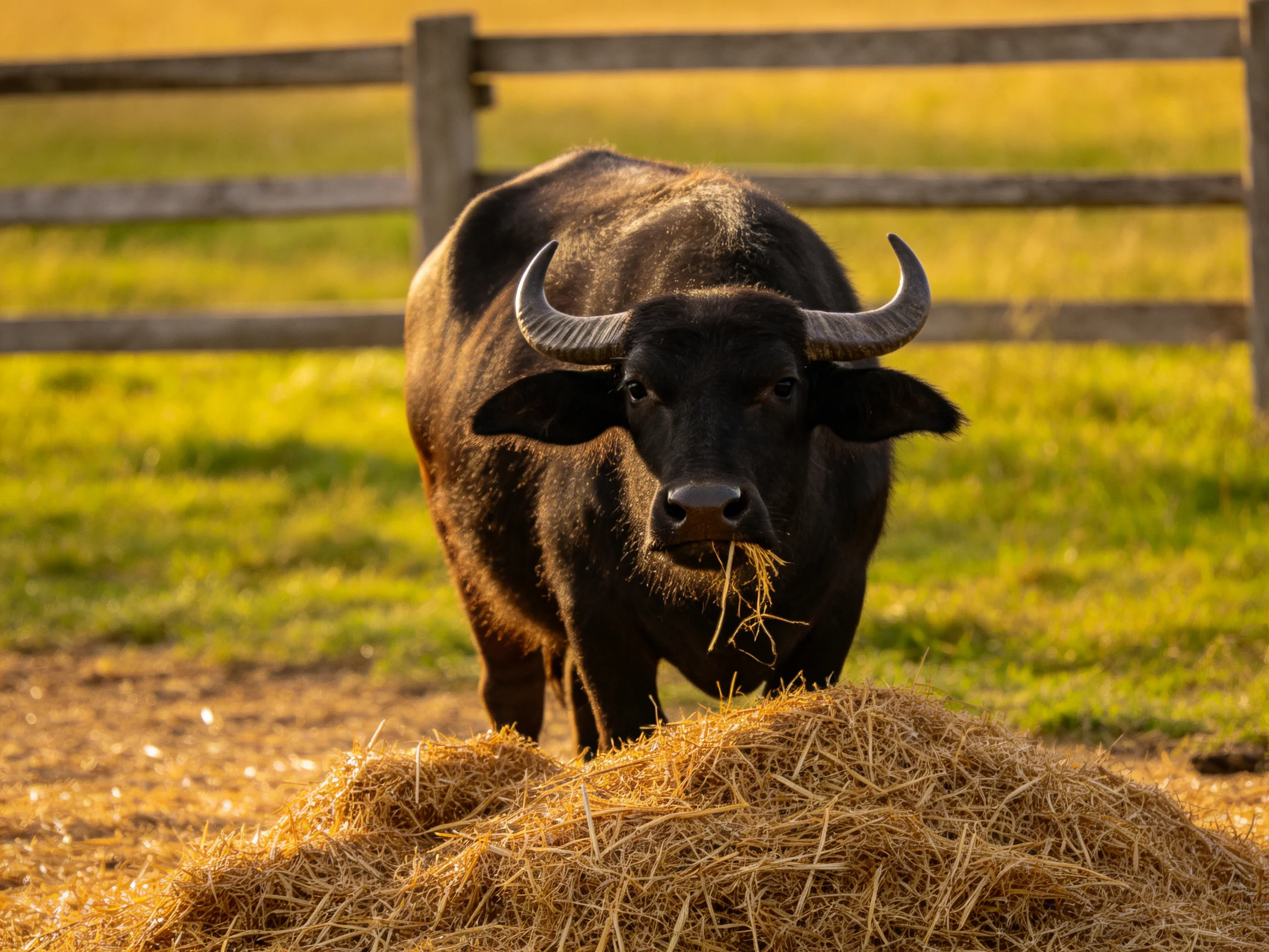 A black buffalo with curved horns near a large hay pile