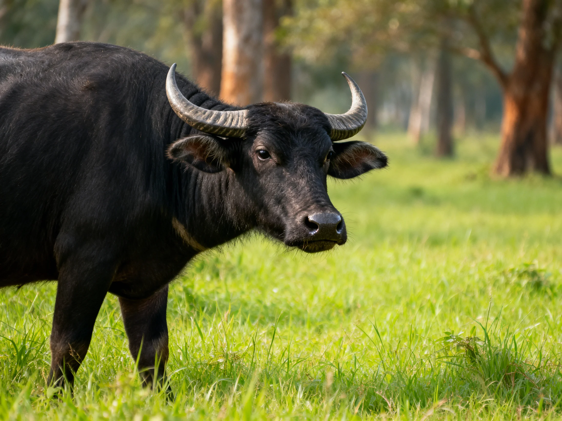 A black buffalo with large curved horns in a grassy area near trees