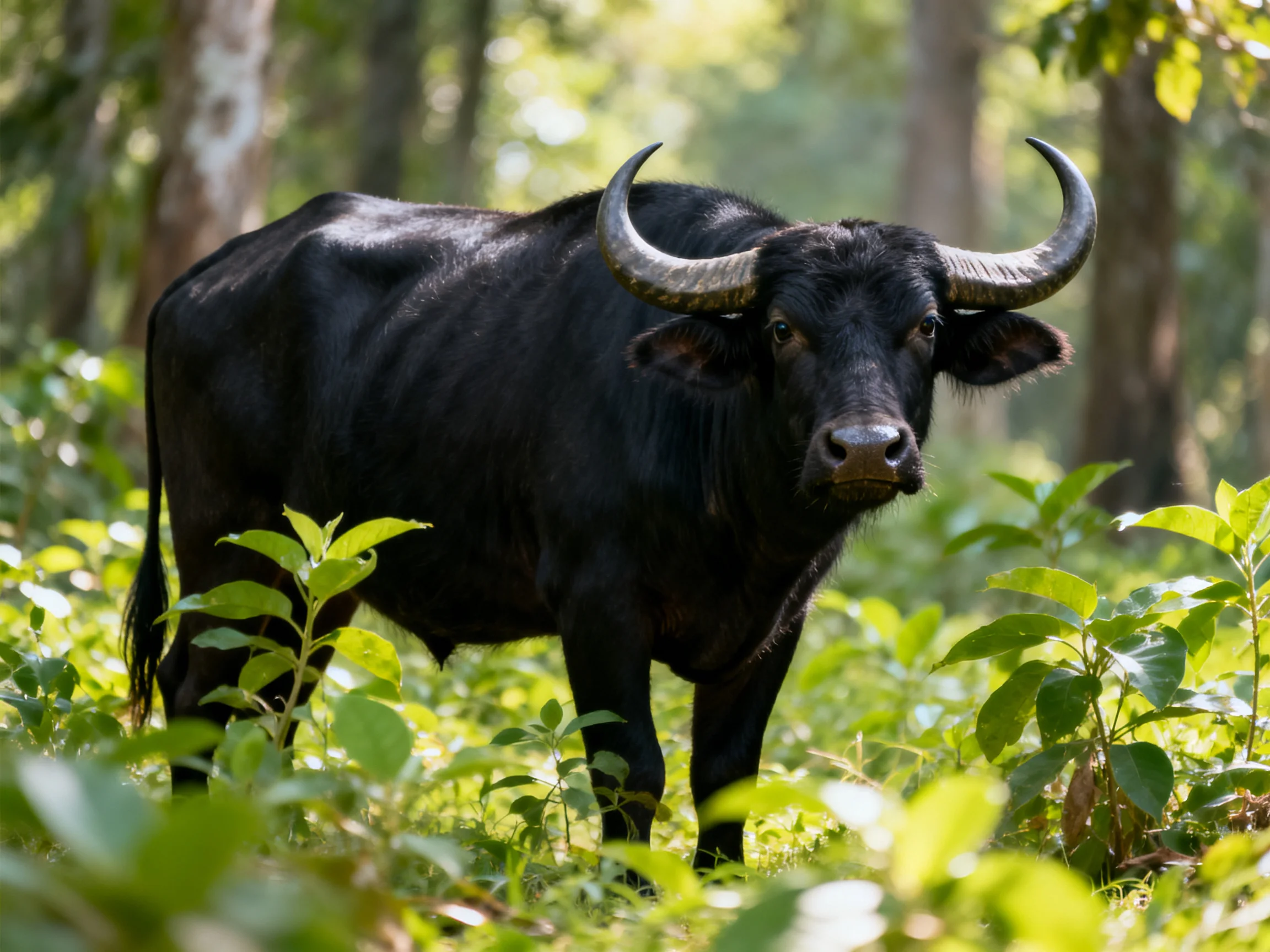 A black buffalo with large curved horns in a sun-dappled forest