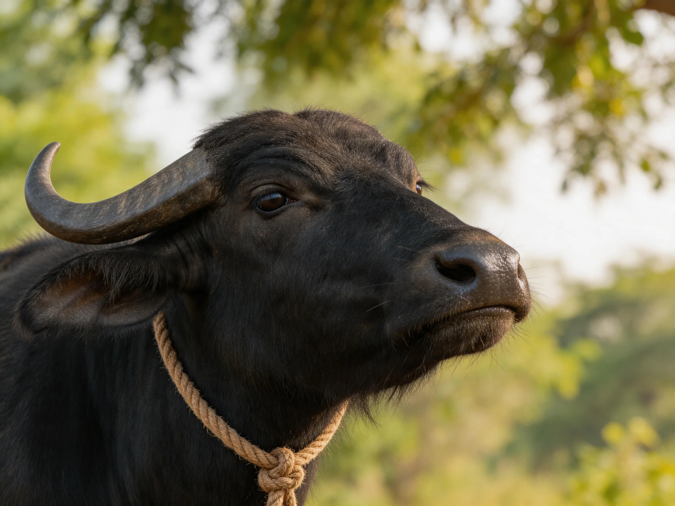 A black buffalo with large curved horns near green foliage