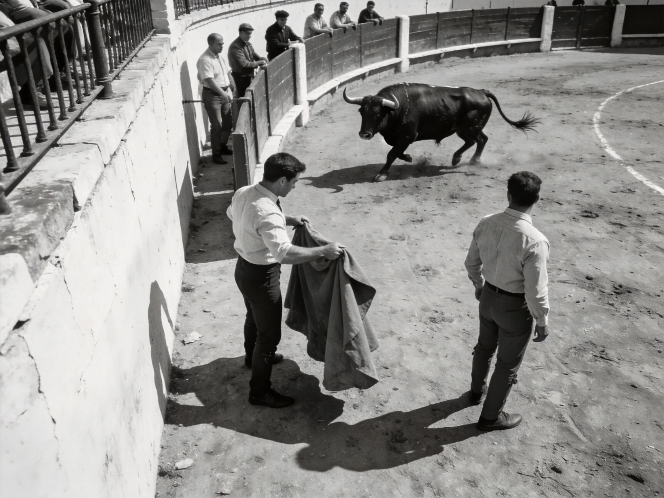 A black bull charges toward two men with cloaks in a weathered bullfighting arena