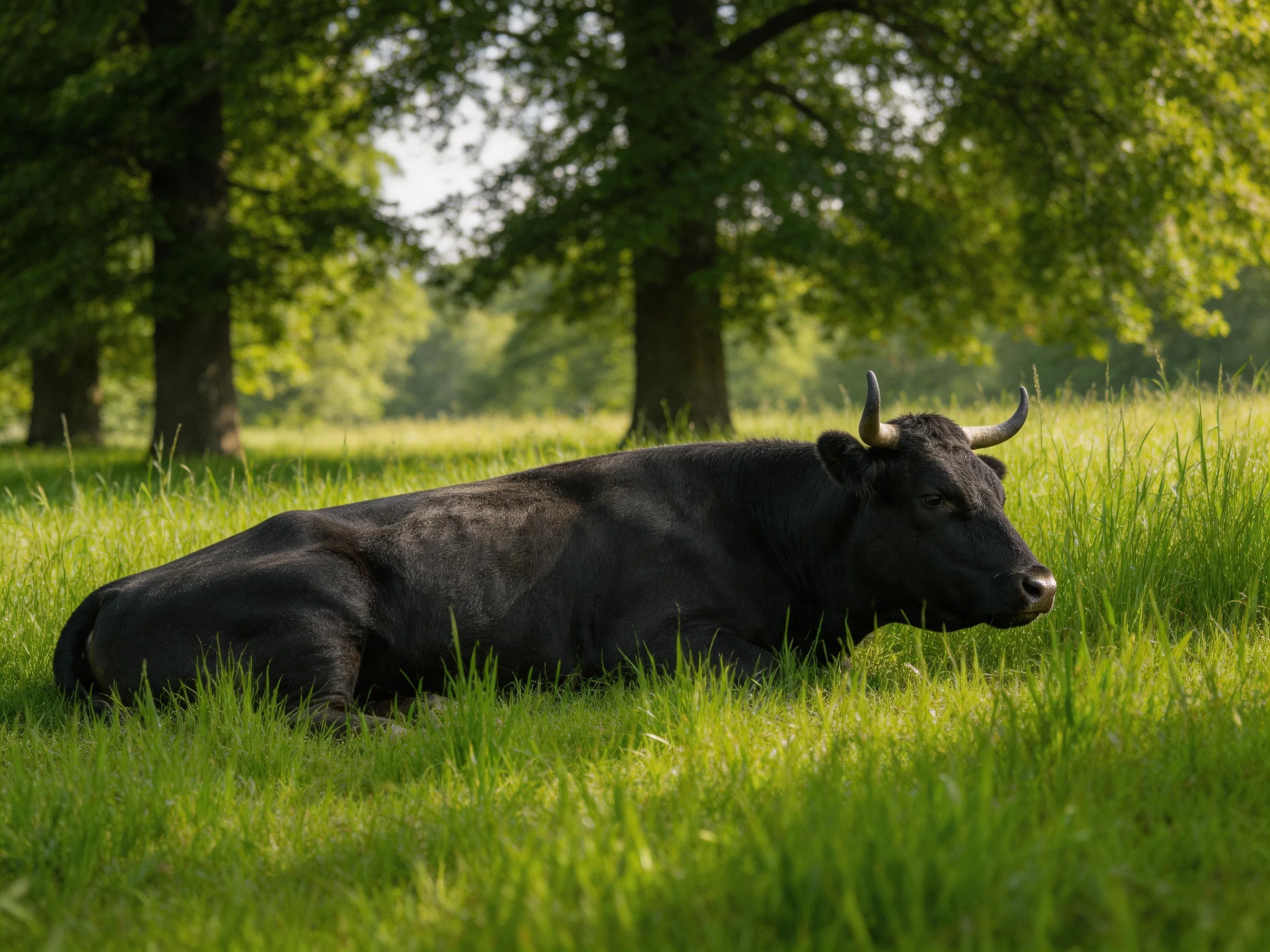 A black bull rests in lush green grass near large leafy trees