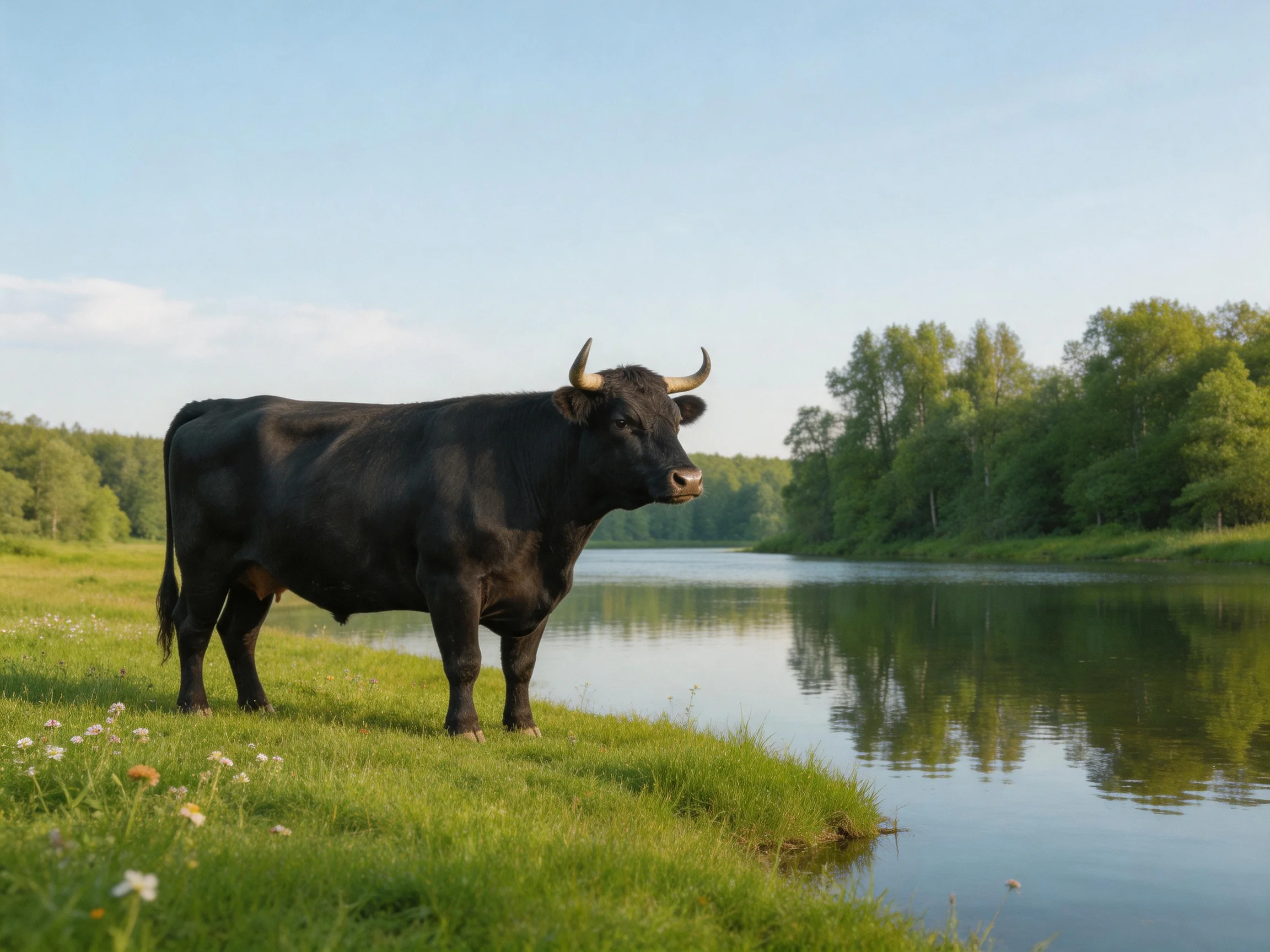 A black bull stands by a calm river with lush greenery