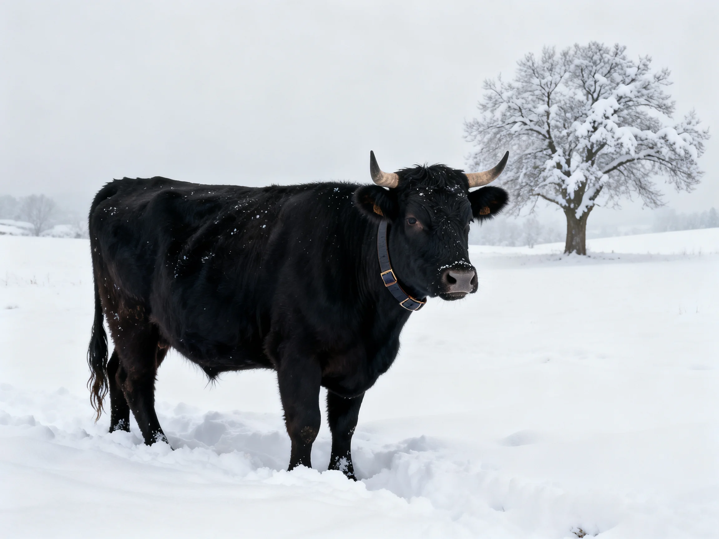 A black bull stands in a snow - covered field near a large tree
