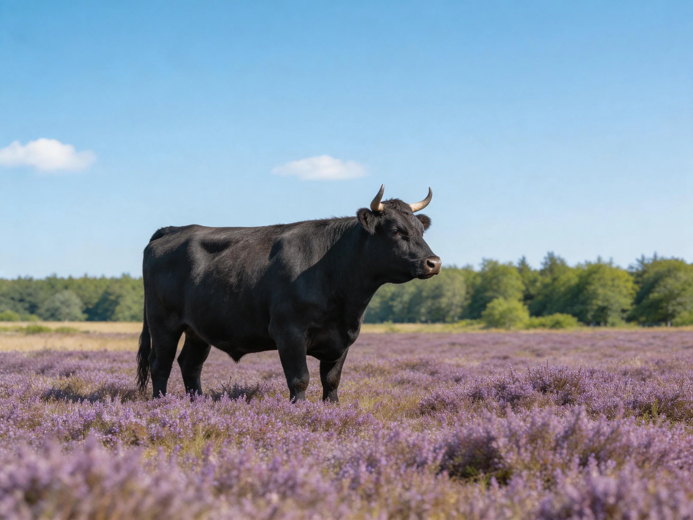 A black bull stands in a vibrant purple heather field under a clear blue sky