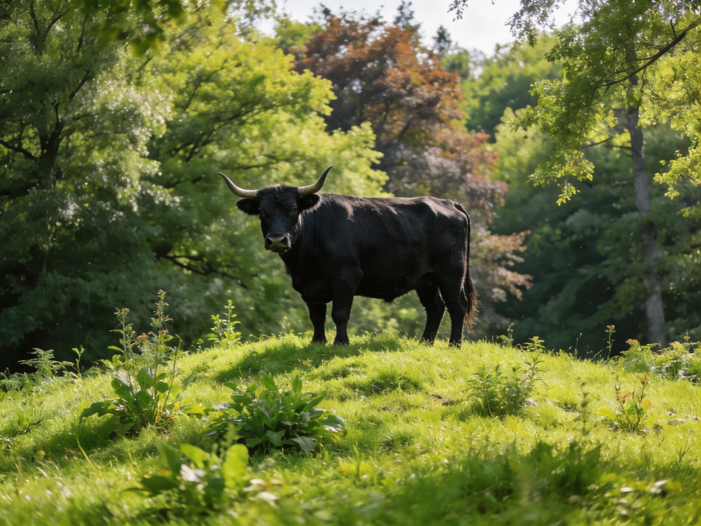 A black bull stands on a lush green hillside among dense trees