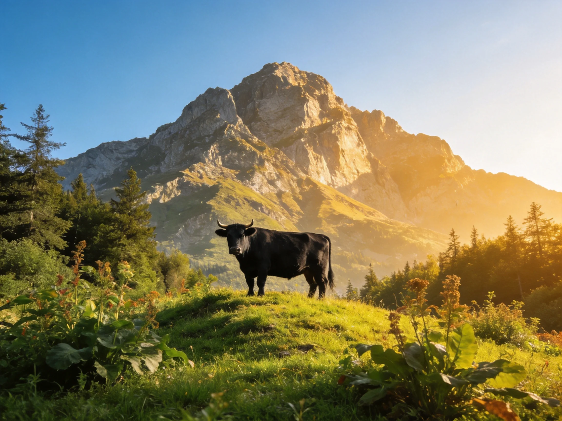 A black bull stands on a lush meadow beside a towering rocky mountain