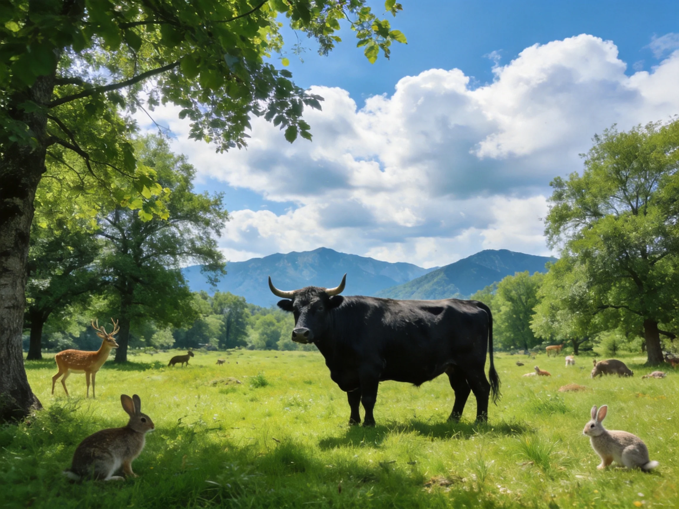 A black bull with deer, rabbits, and lush meadow near mountains