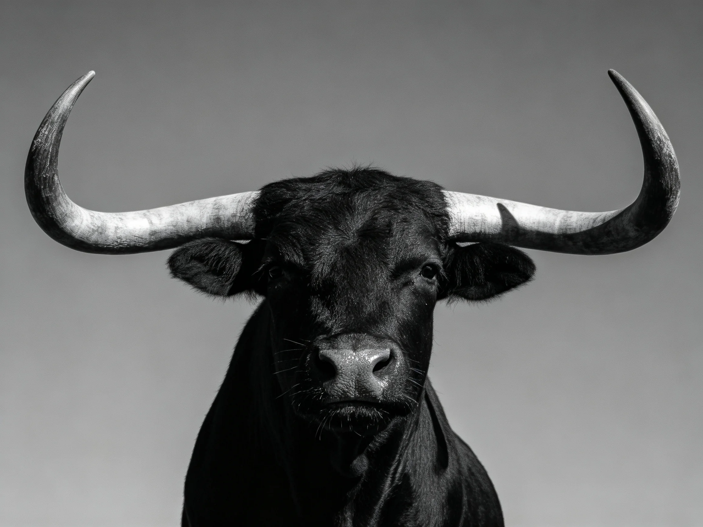 A black bull with massive curved horns on a plain gray background
