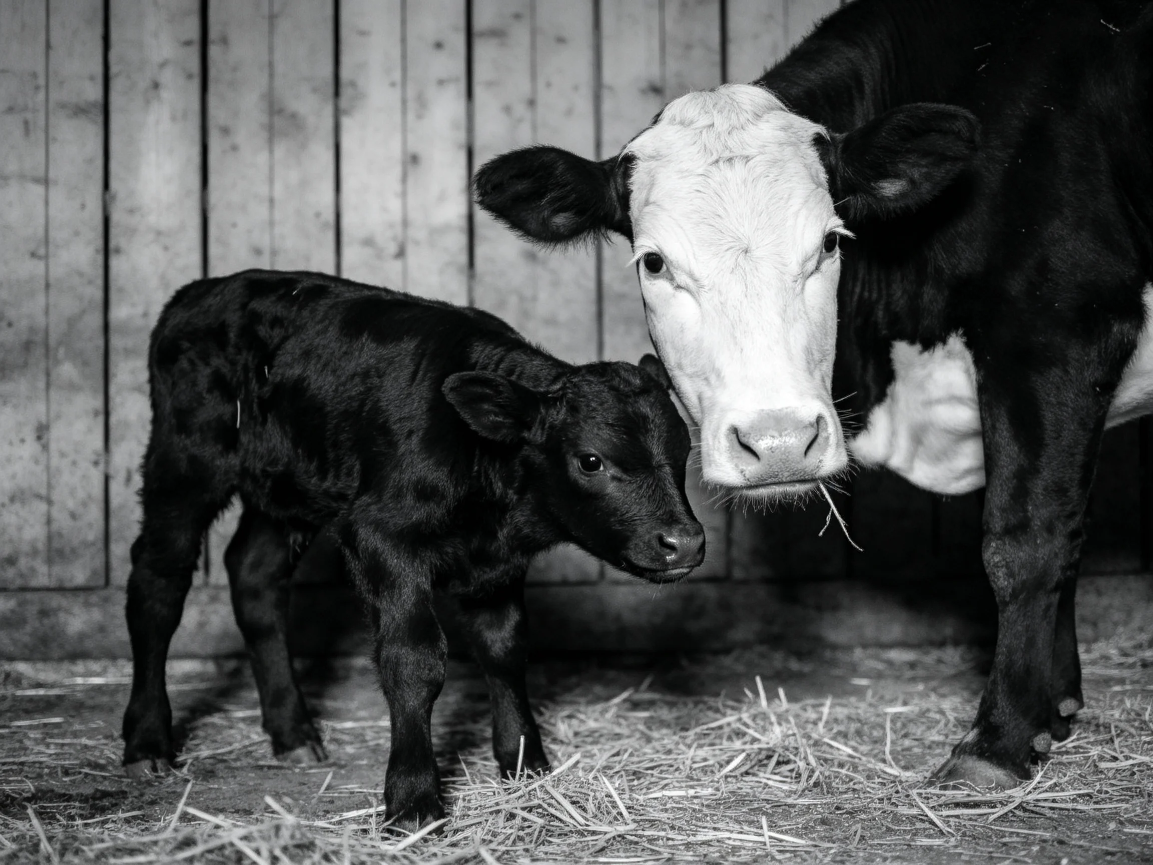 A black calf and a large white-brown cow in a barn with straw bedding