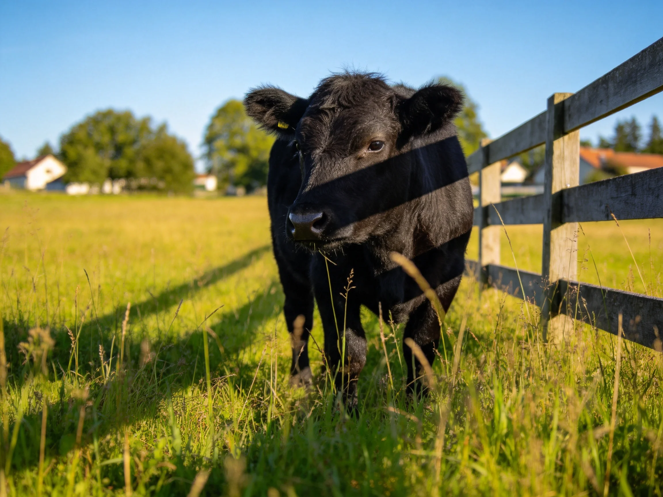 A black calf in a sunlit green pasture near a wooden fence