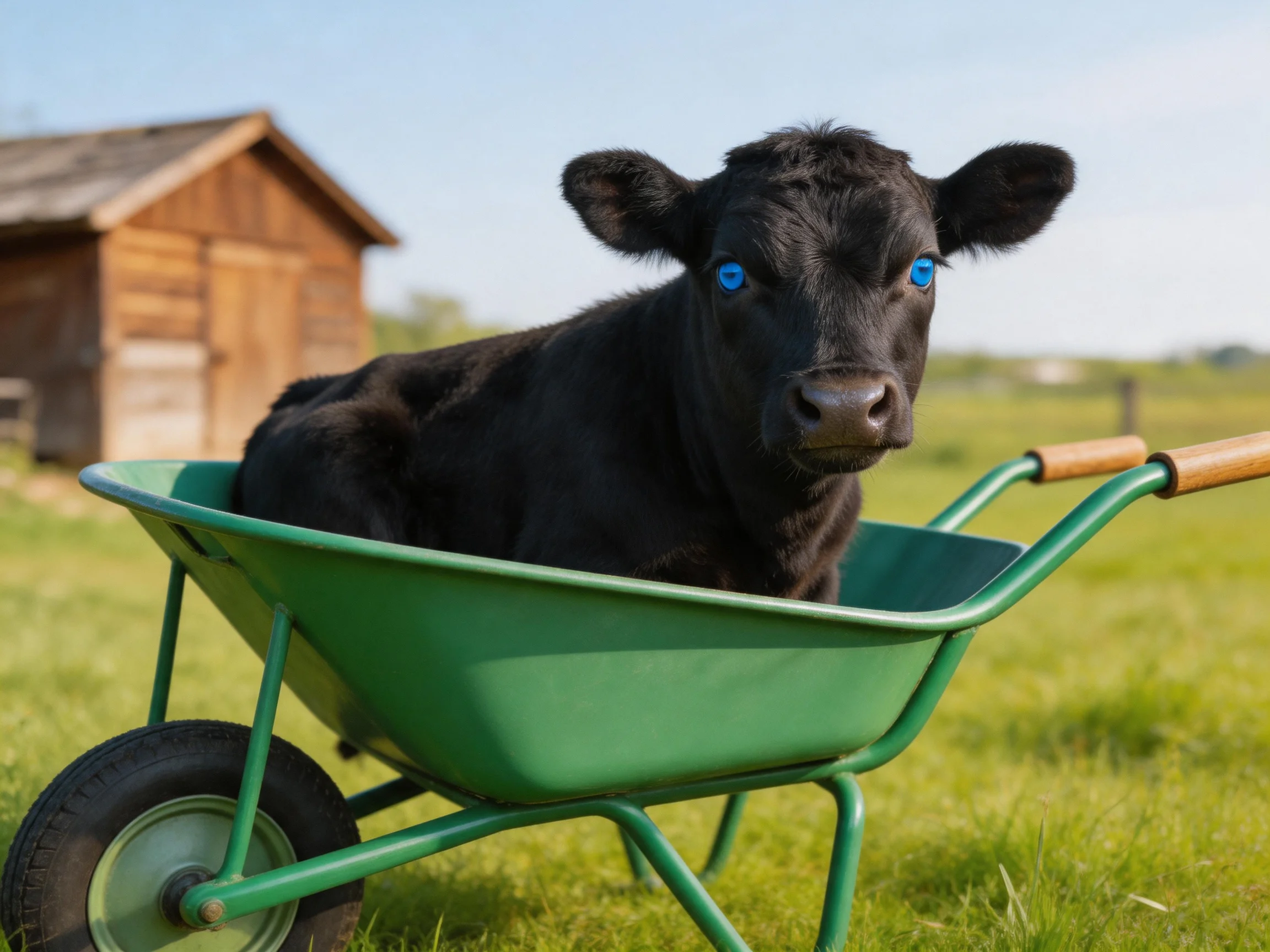 A black calf sits in a green wheelbarrow near a wooden shed