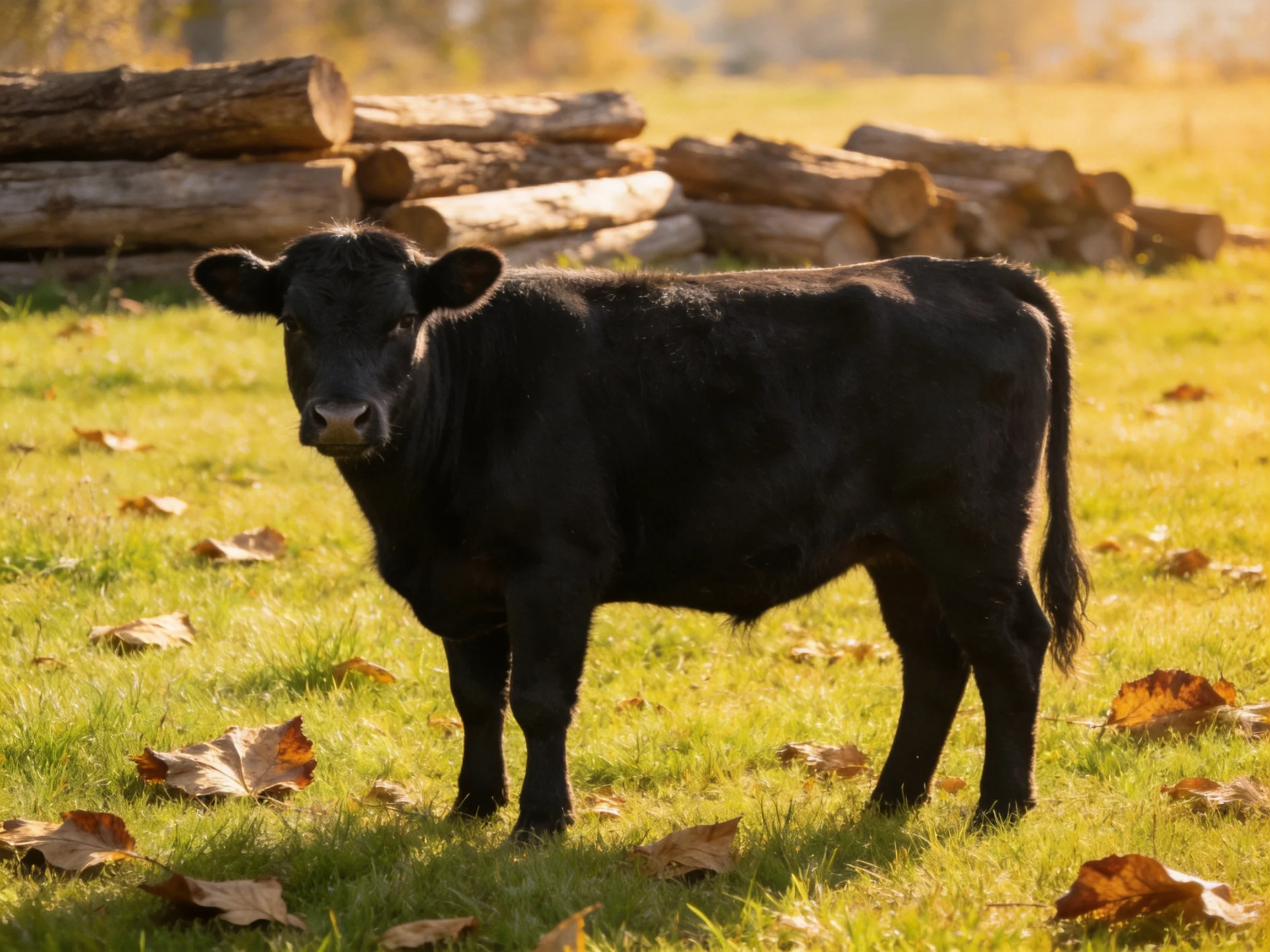 A black calf stands in a sunlit grassy field with stacked logs