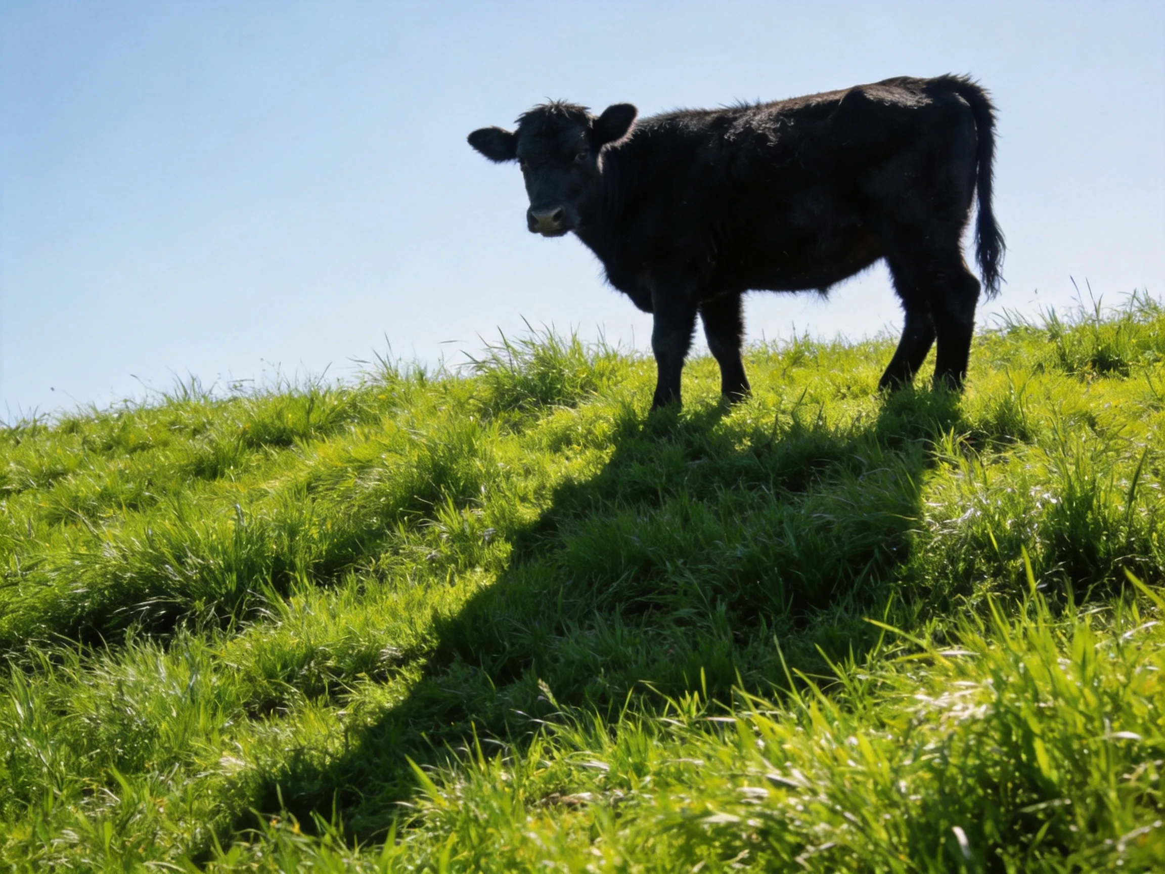 A black calf stands on a lush green grassy hillside