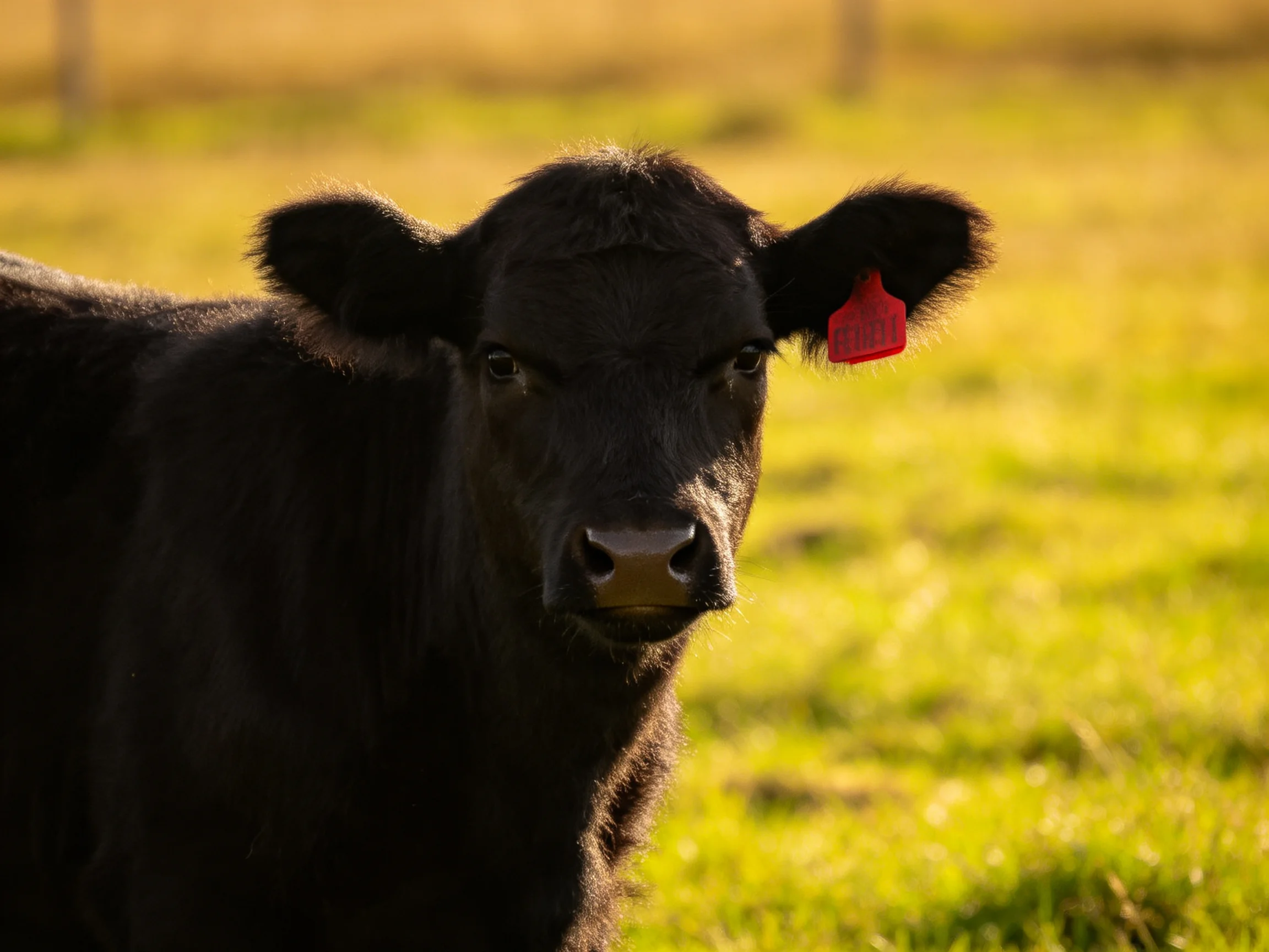 A black calf with a red ear tag in a sunlit green pasture