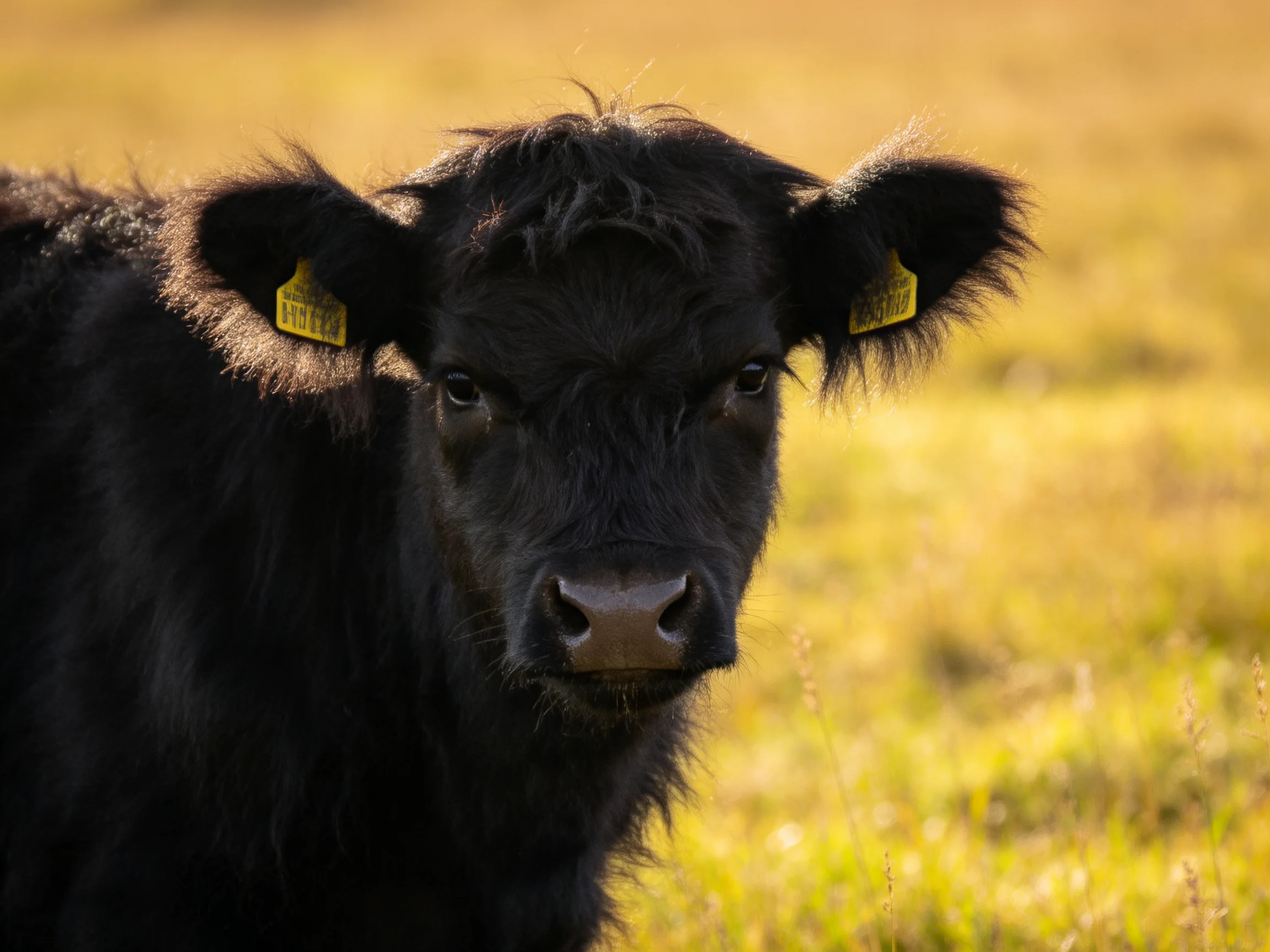 A black calf with yellow ear tags in a sunlit grassy field