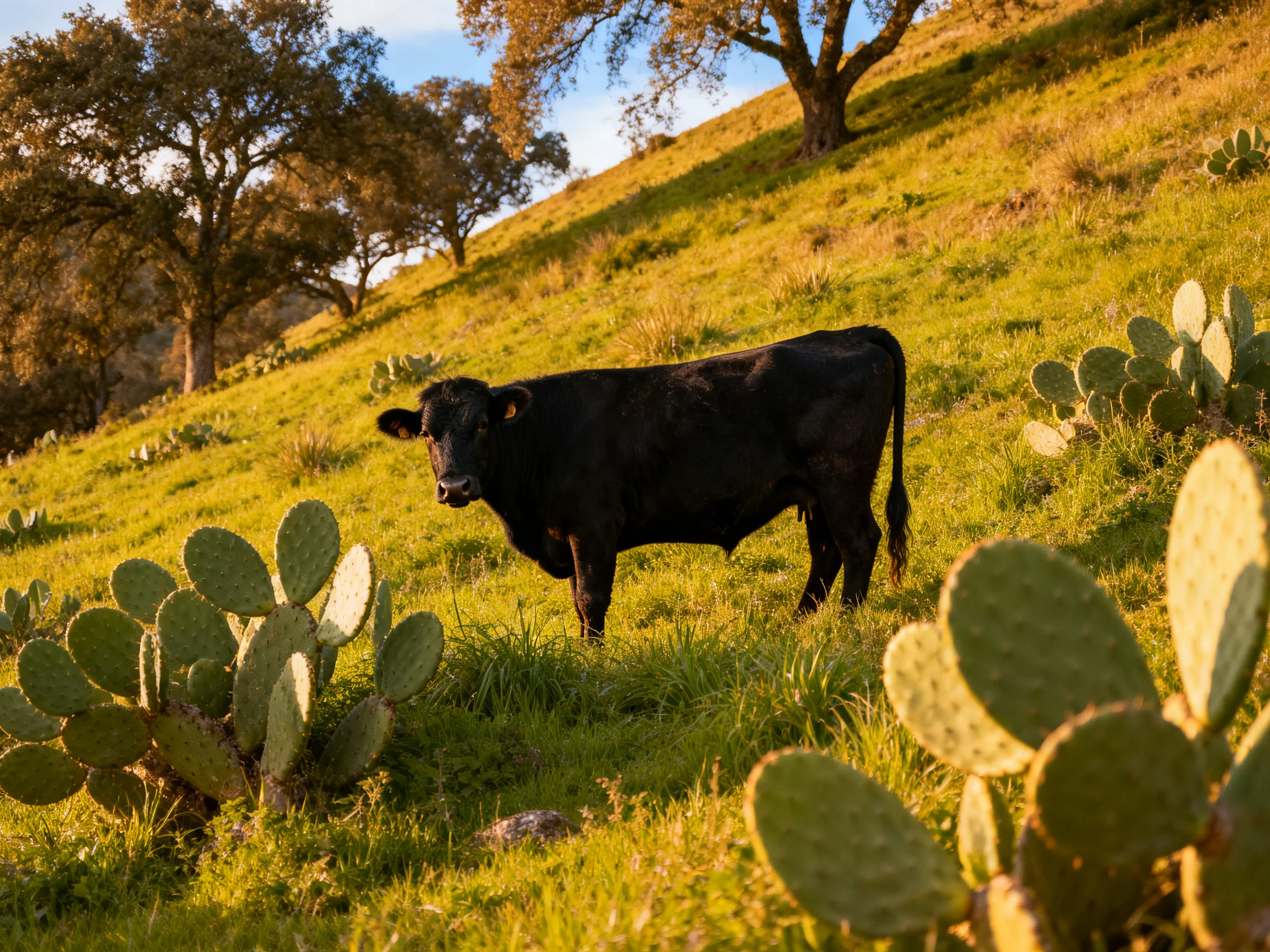 A black cow amid green cacti on a golden-hued hillside