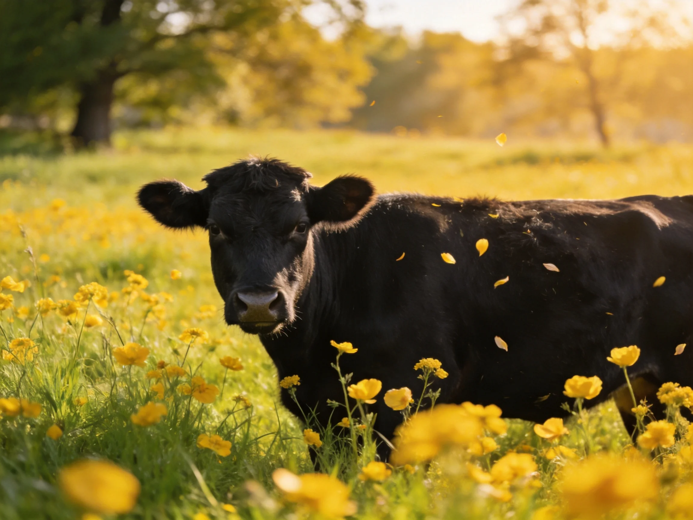A black cow amid yellow wildflowers in a sunlit meadow