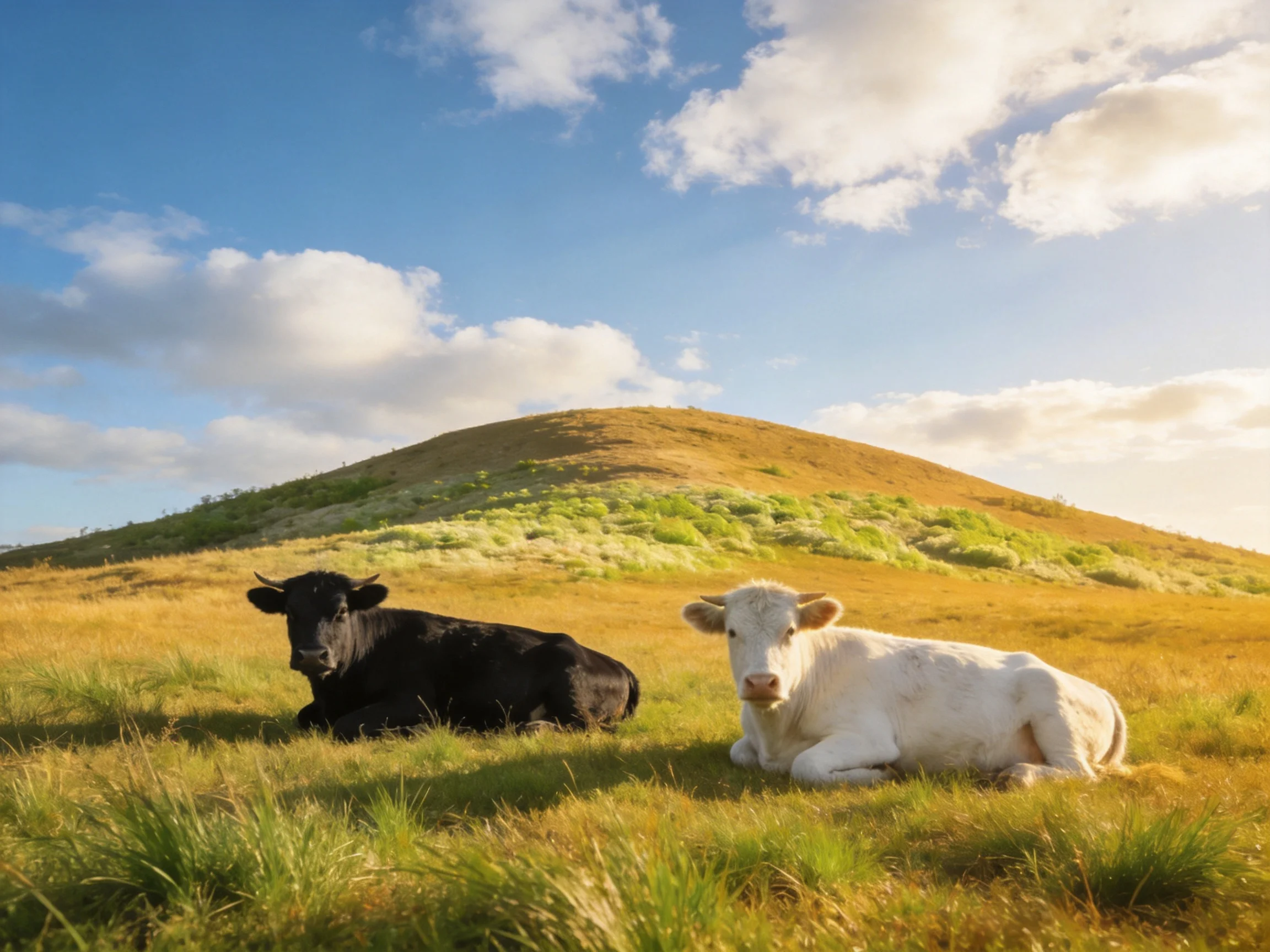 Two cows relax in a sunlit meadow with a hill
