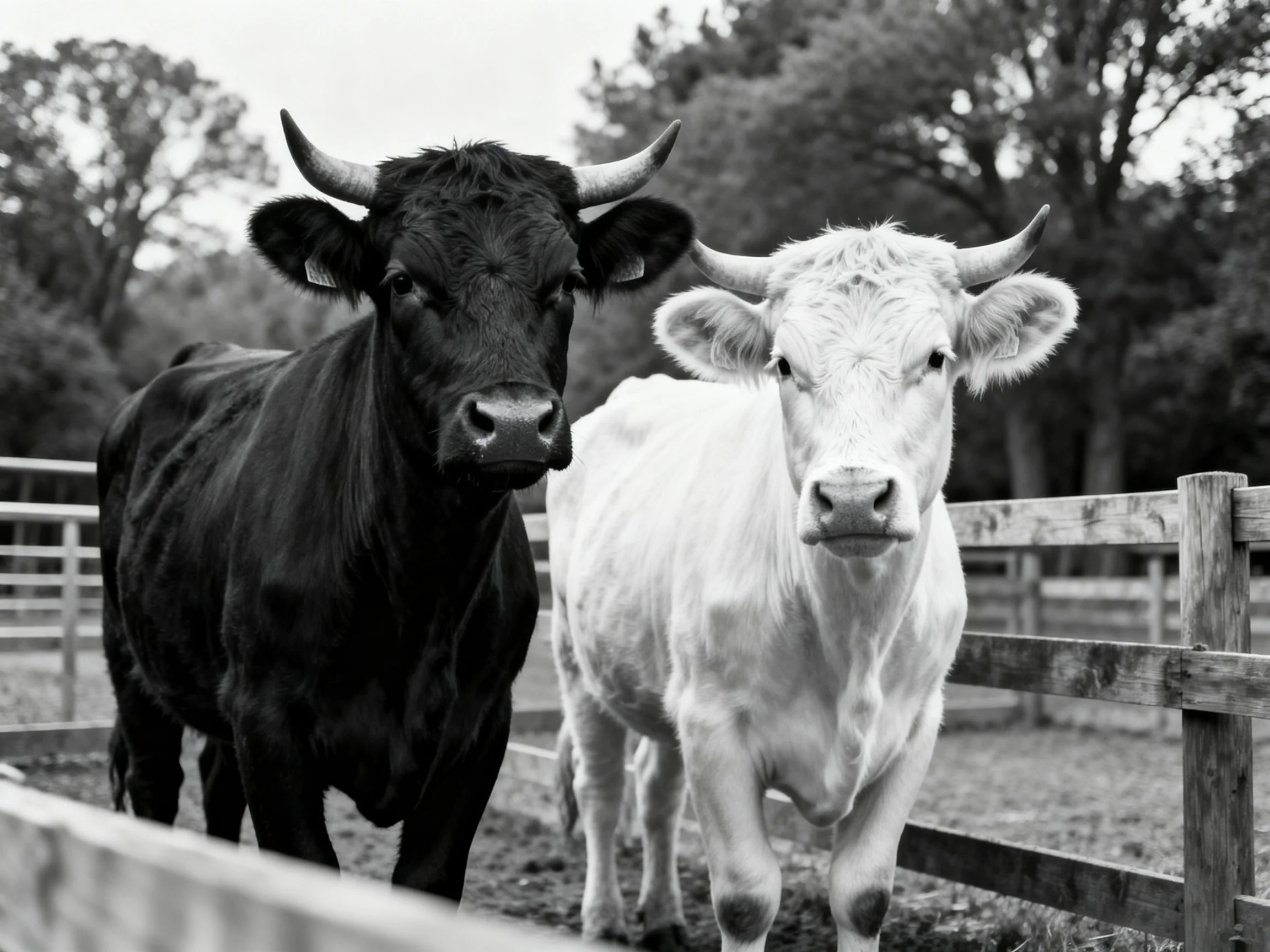 A black cow and a white cow stand by a wooden fence