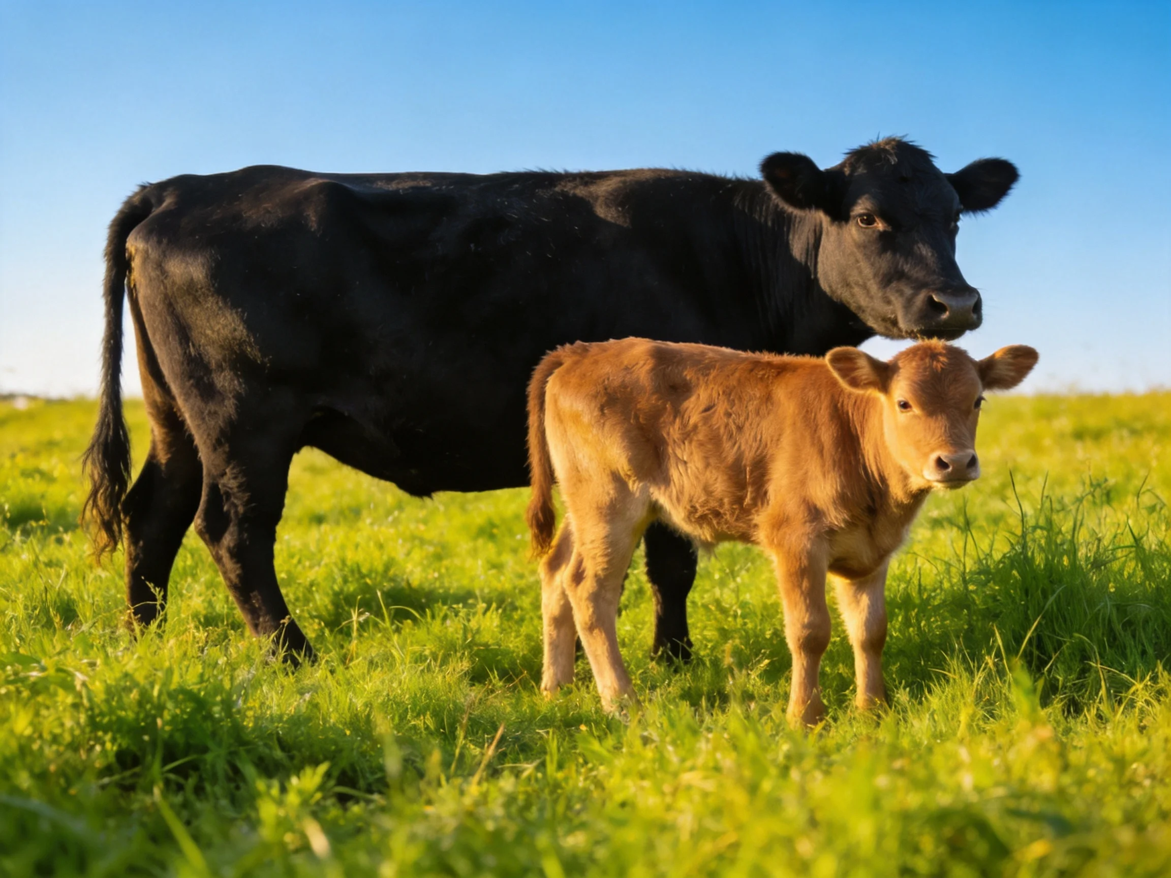 A black cow and brown calf in a sunlit green pasture