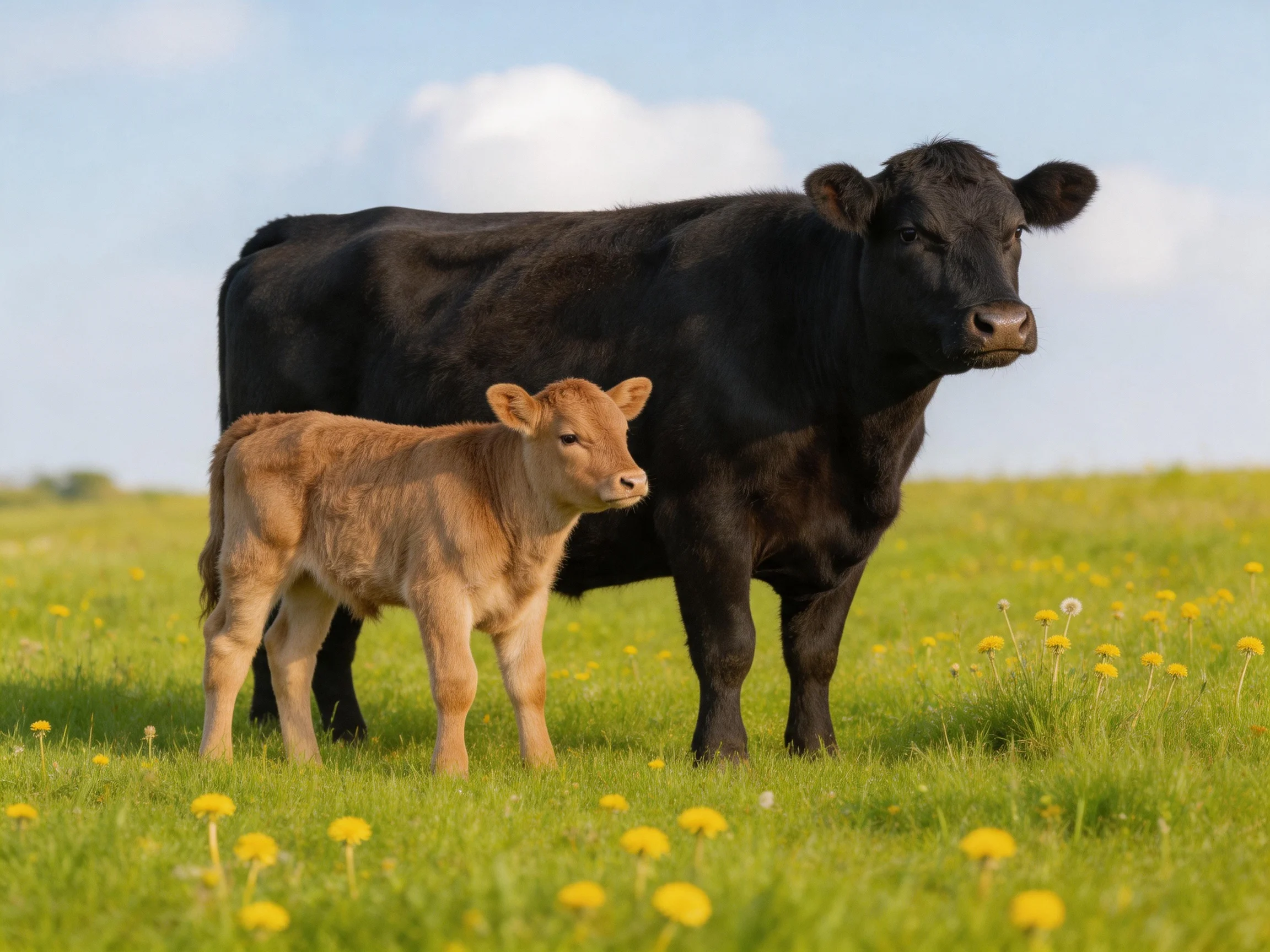 A black cow and tan calf in a flowered green pasture
