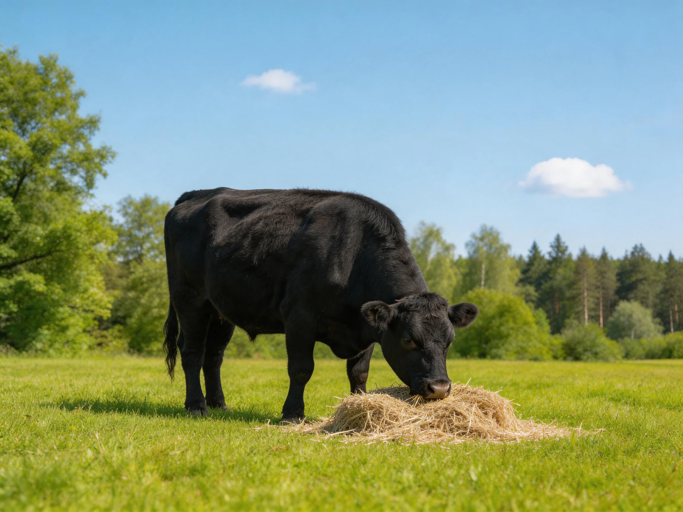 A black cow feeds on hay in a sunny meadow