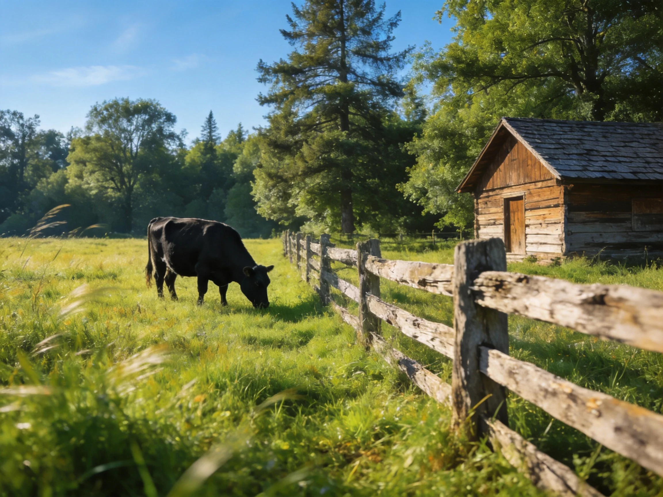 A black cow grazes by a weathered wooden fence and rustic cabin