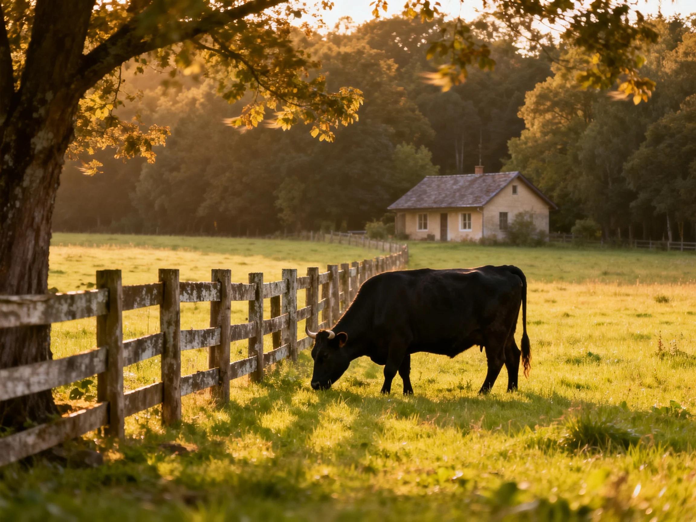 A black cow grazes near a weathered wooden fence by a golden field