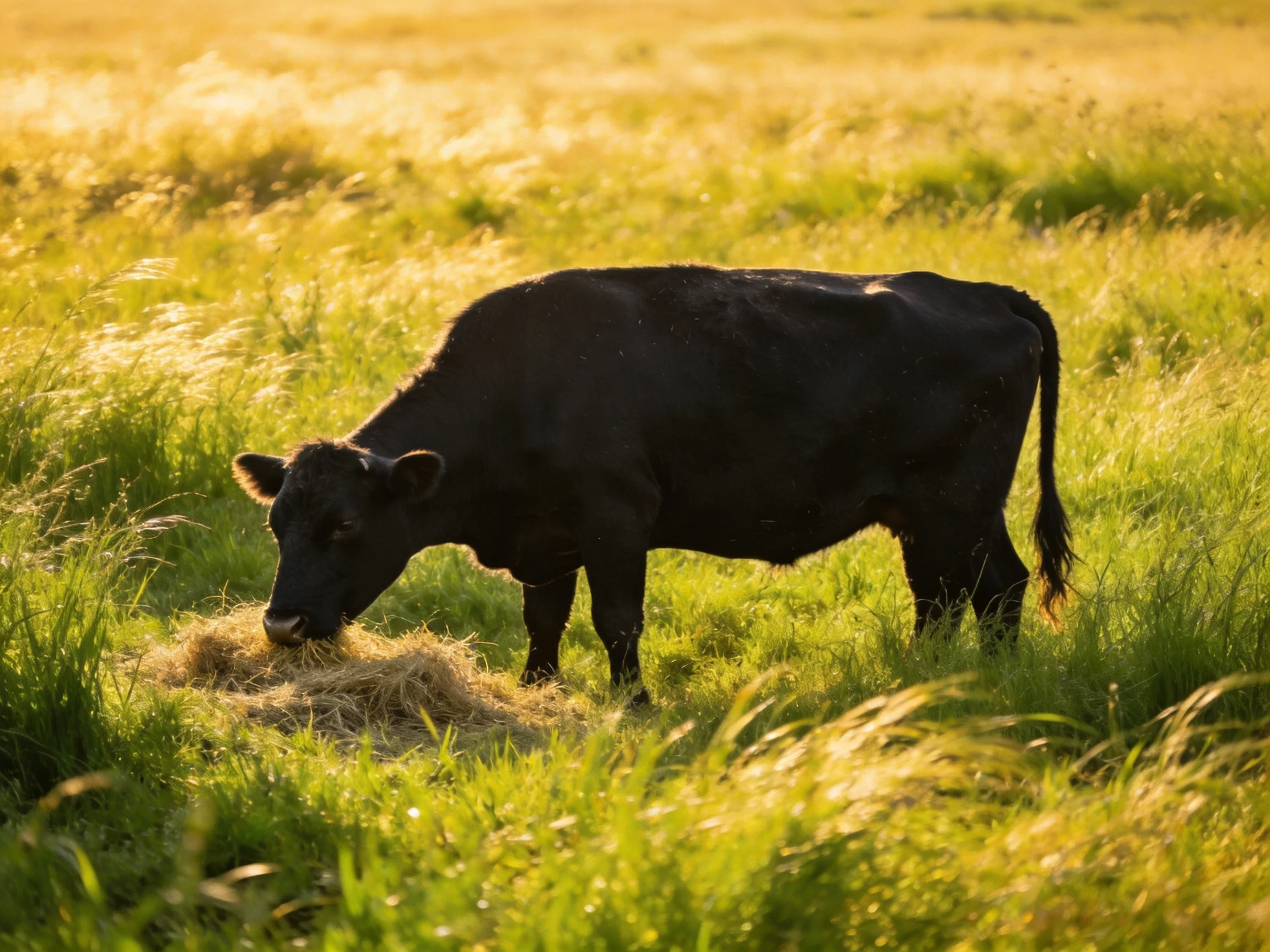 A black cow grazing in a golden-lit green pasture with hay