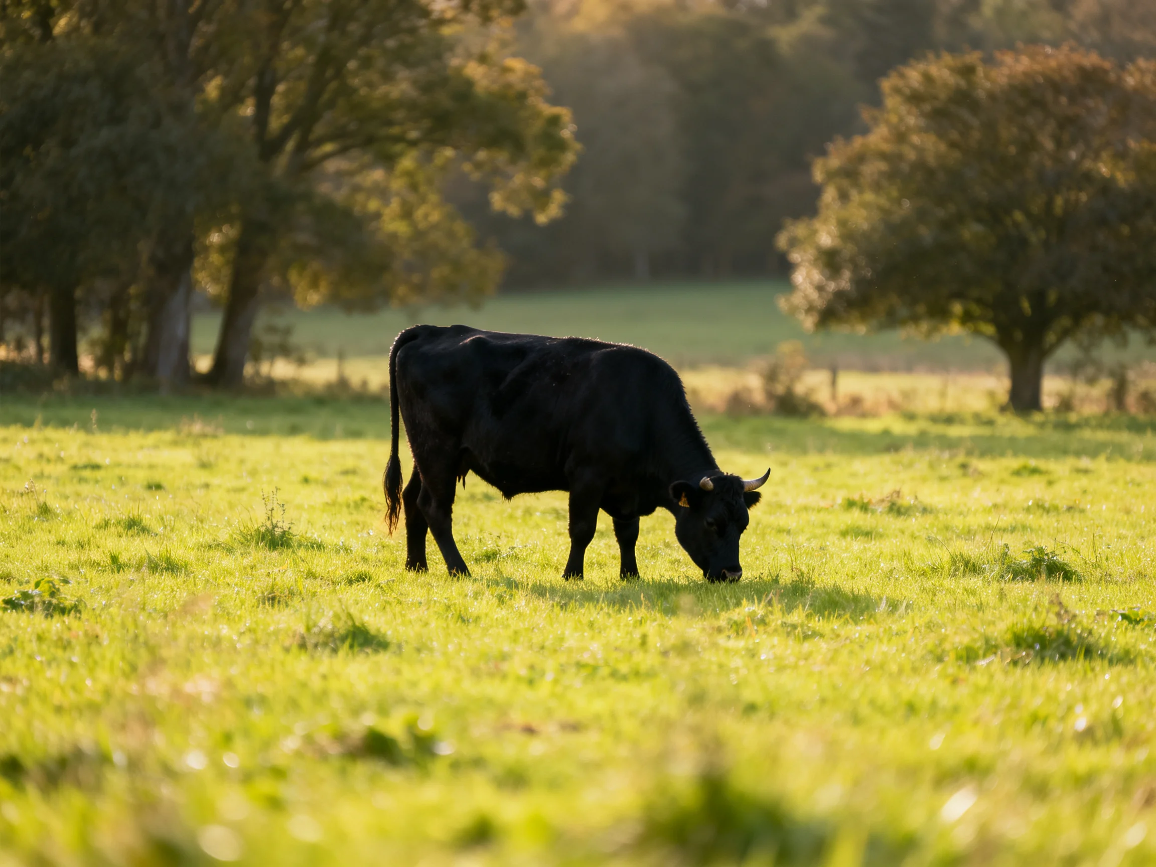 A black cow grazing in a sunlit green pasture near tall trees