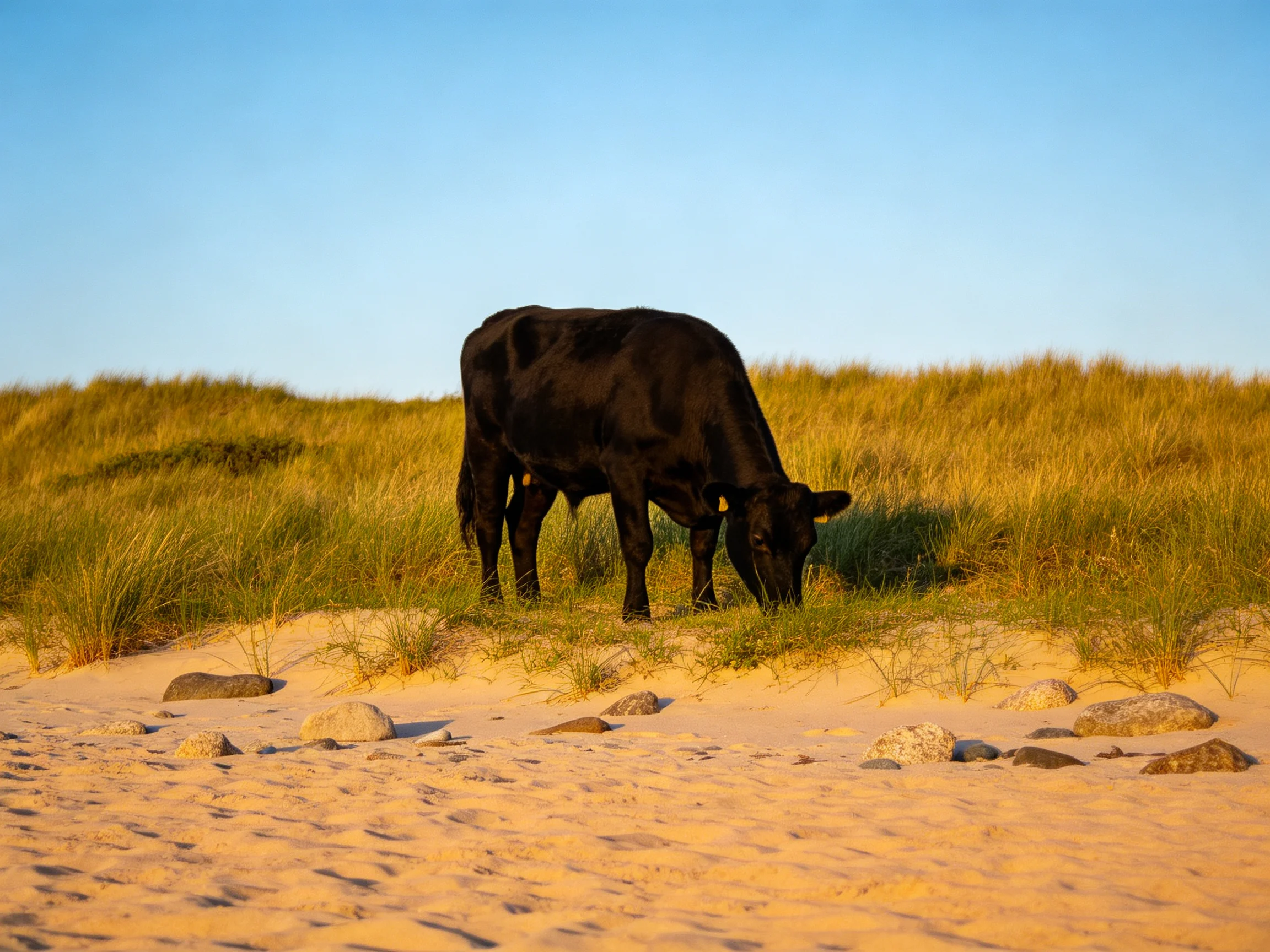 A black cow grazes among golden sand and tall green grass.