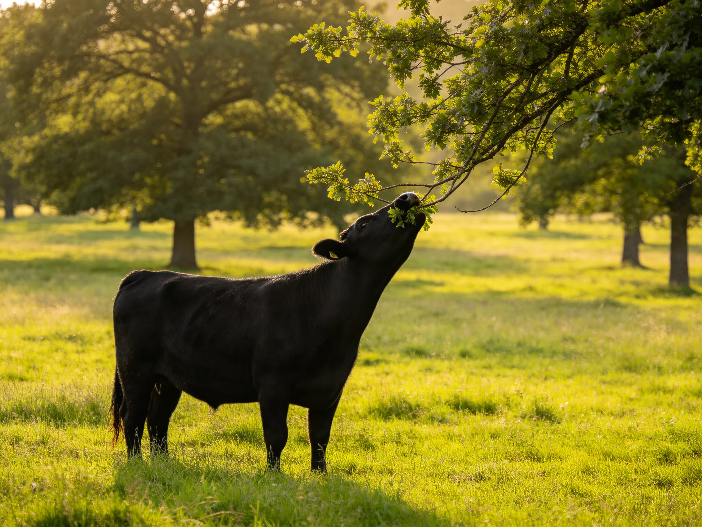 A black cow grazing on tree foliage in a sunlit meadow