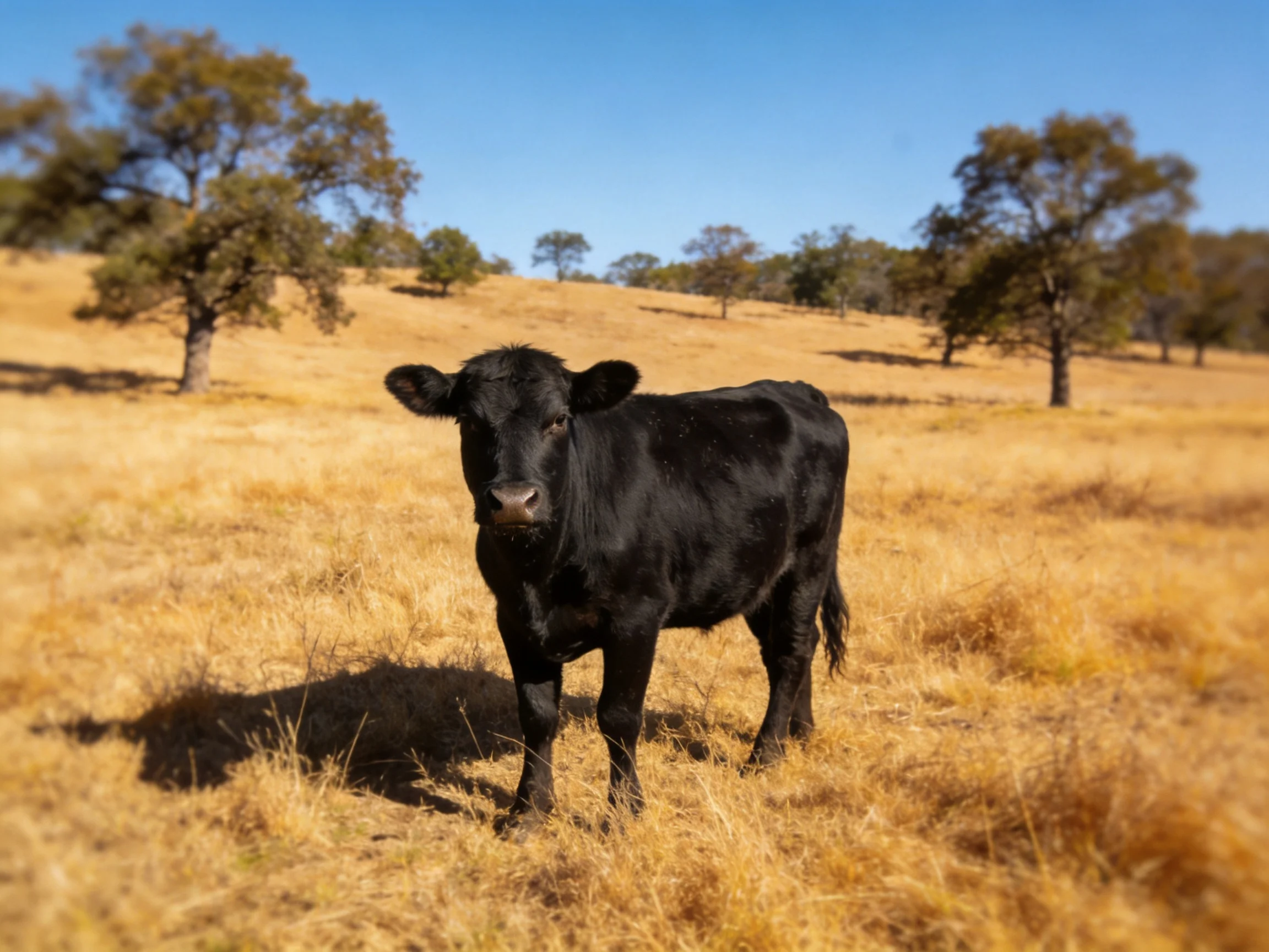 A black cow in a golden grassy field with scattered trees