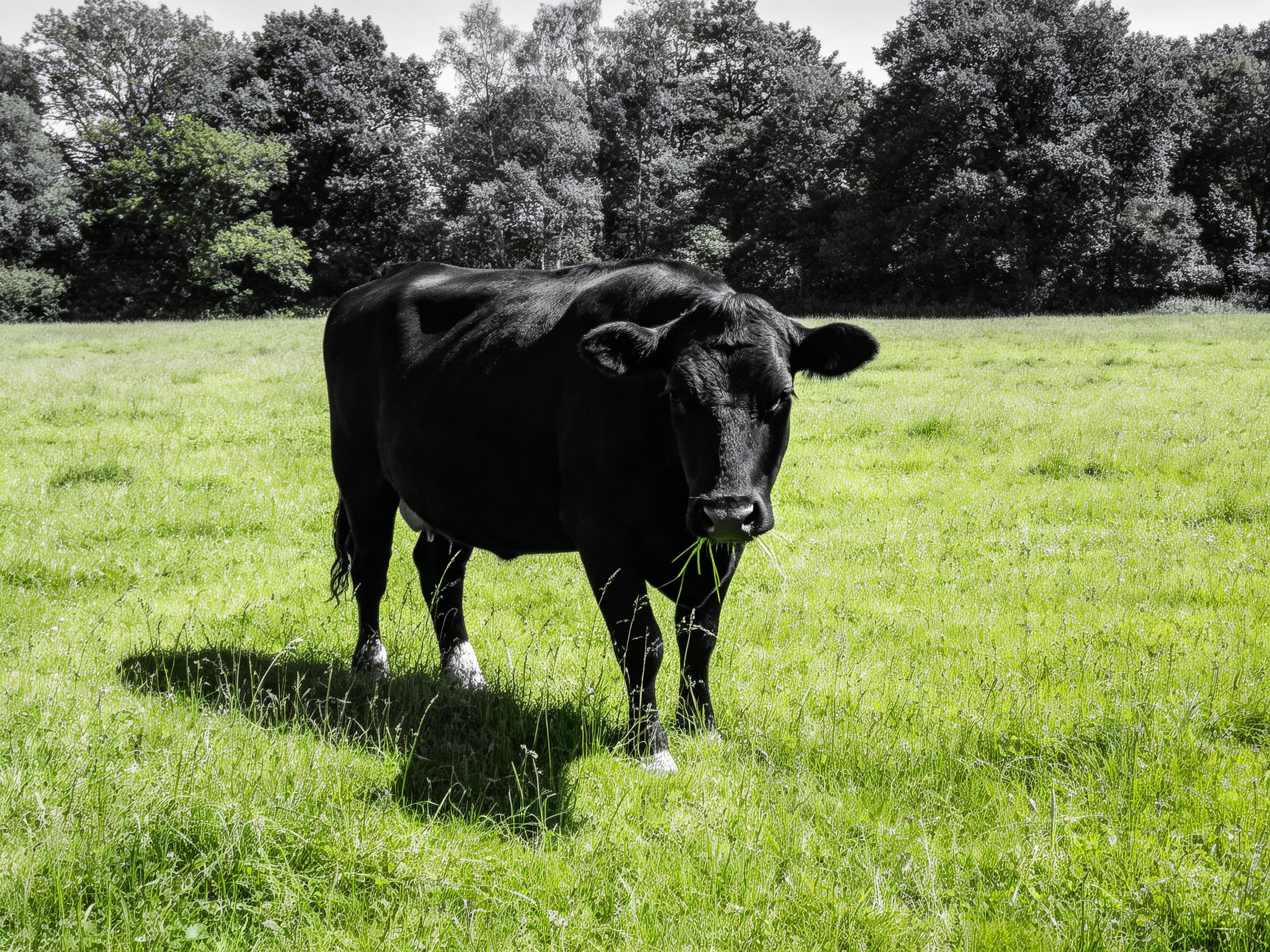 A black cow in a lush green pasture near dark forested trees