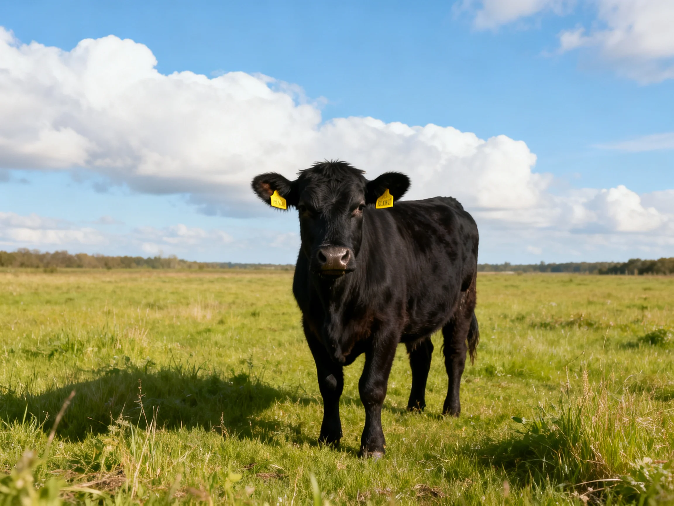 A black cow in a lush green pasture under bright blue skies