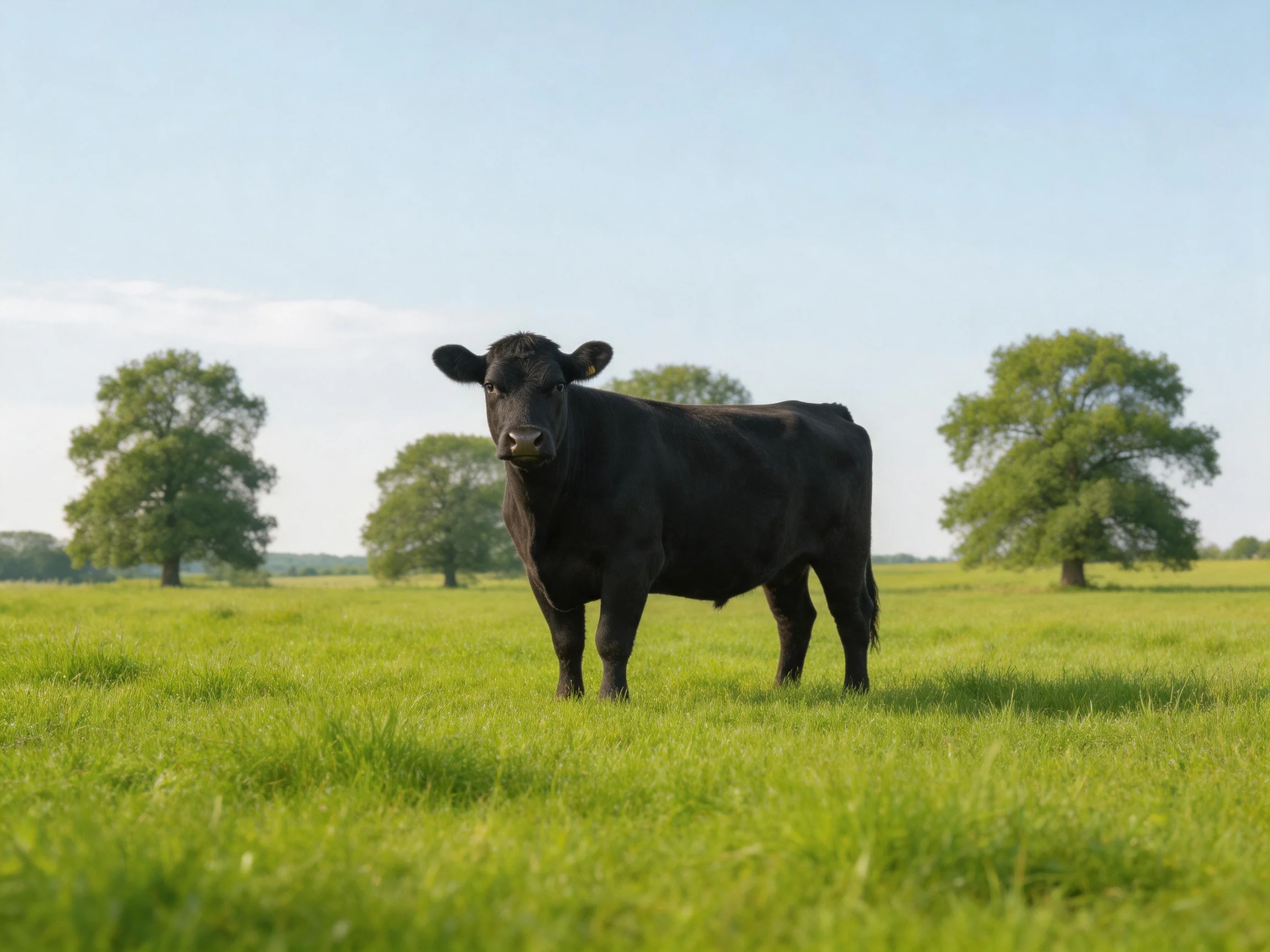A black cow in a lush green pasture with scattered trees