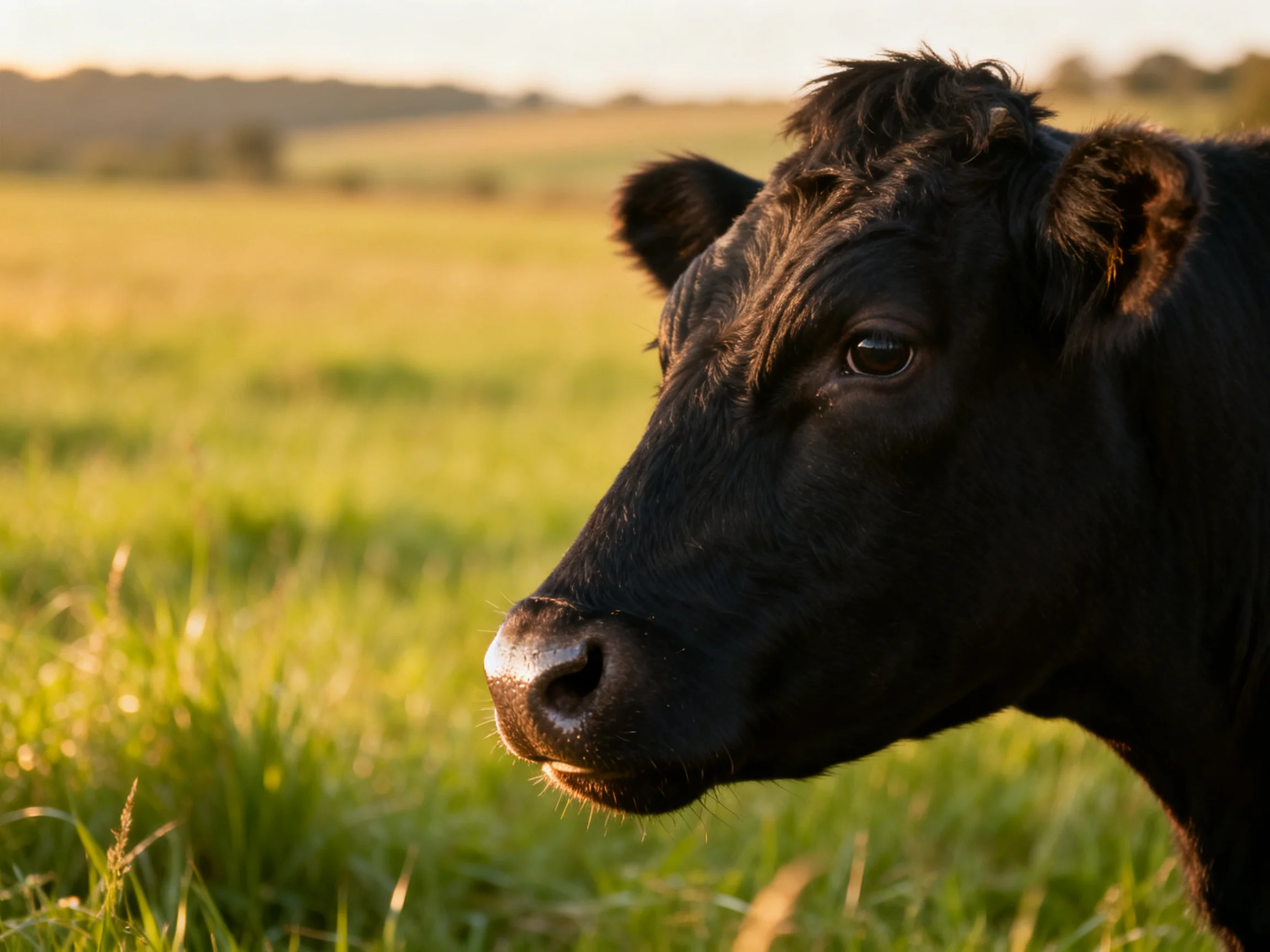 A black cow in a sun-drenched green pasture with rolling hills