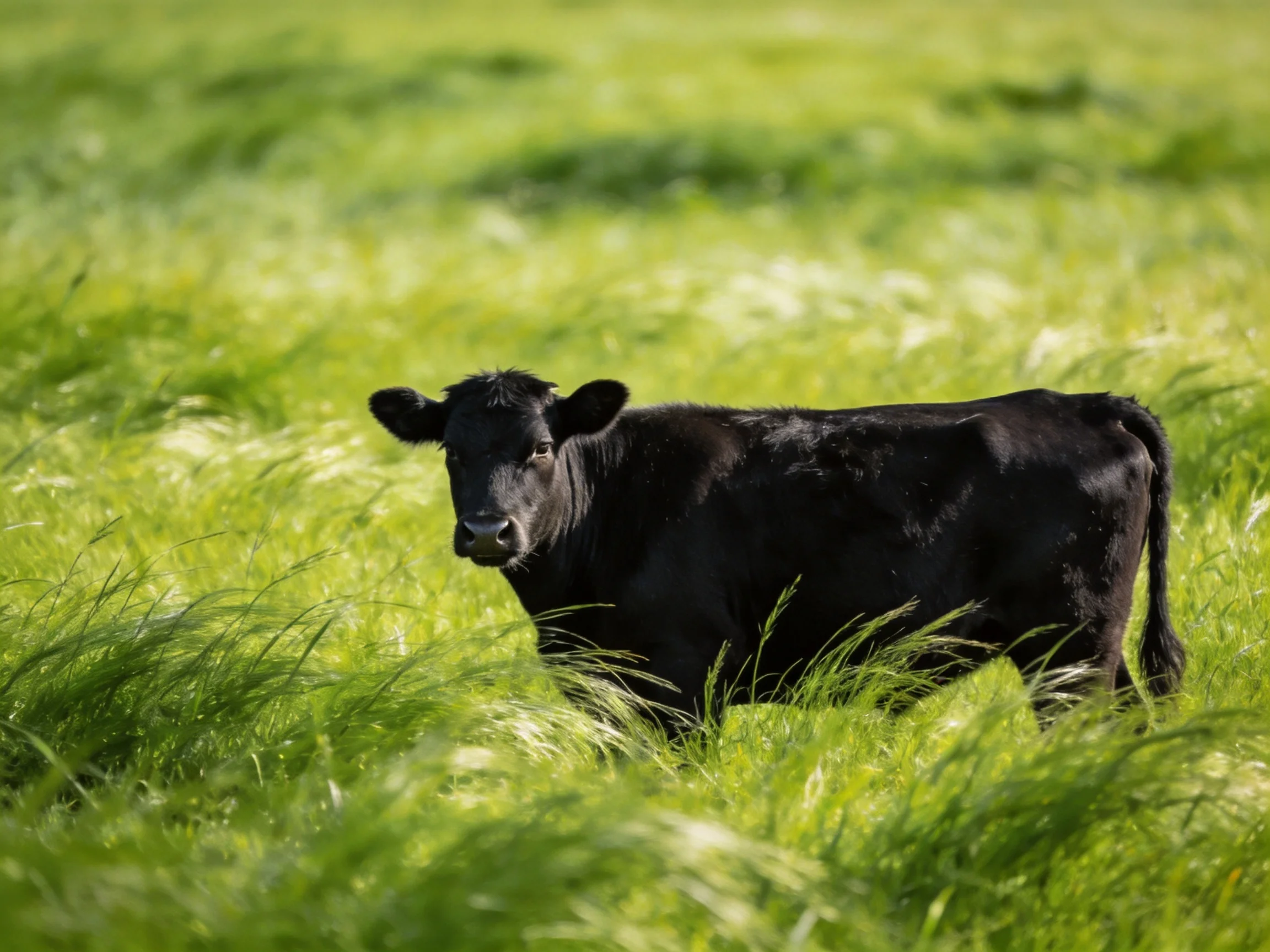 A black cow in a sunlit, grassy meadow