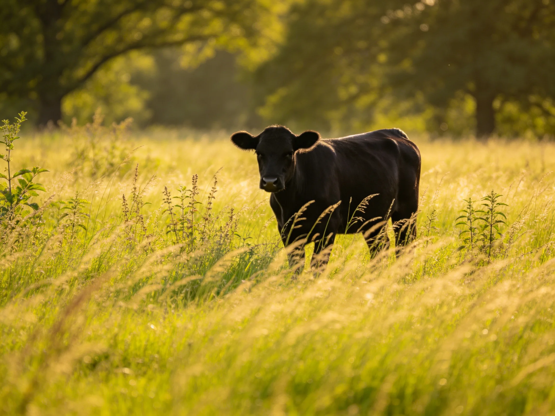A black cow in a sunlit meadow with tall green grass