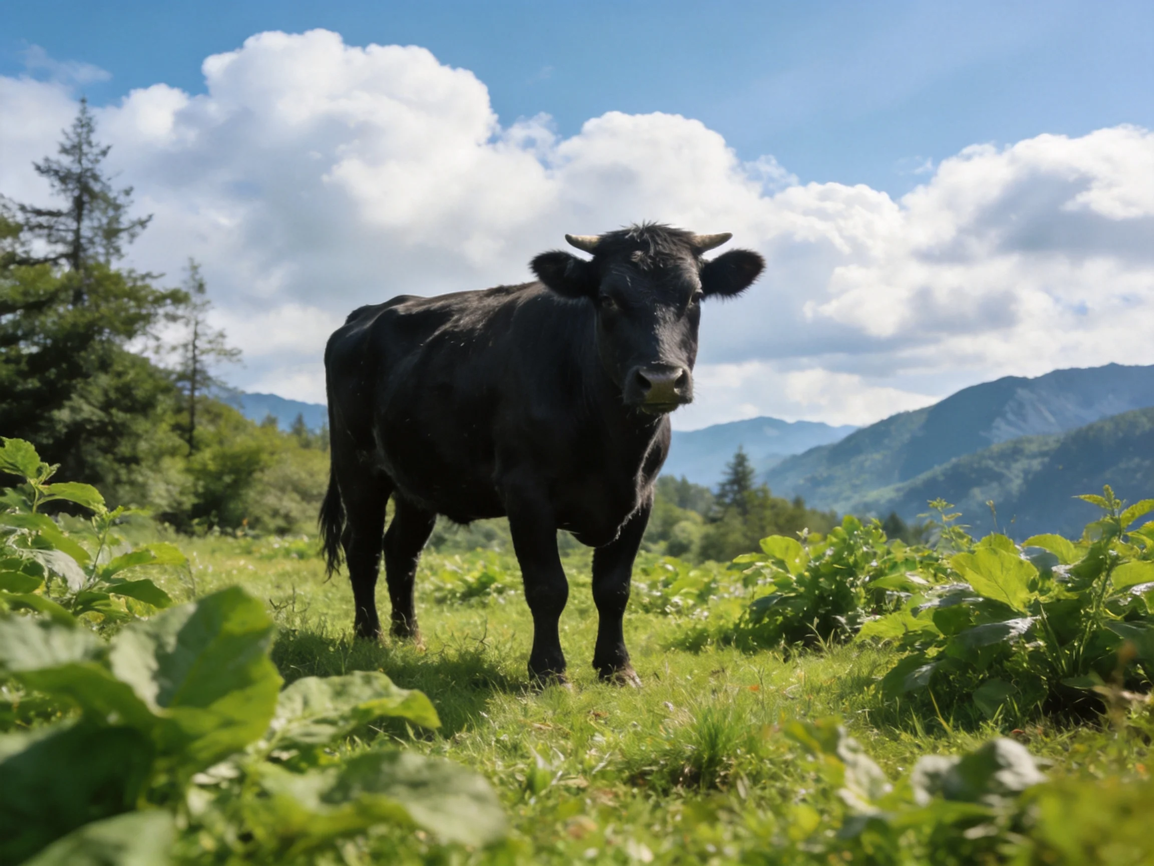 A black cow in a verdant meadow with mountainous backdrop