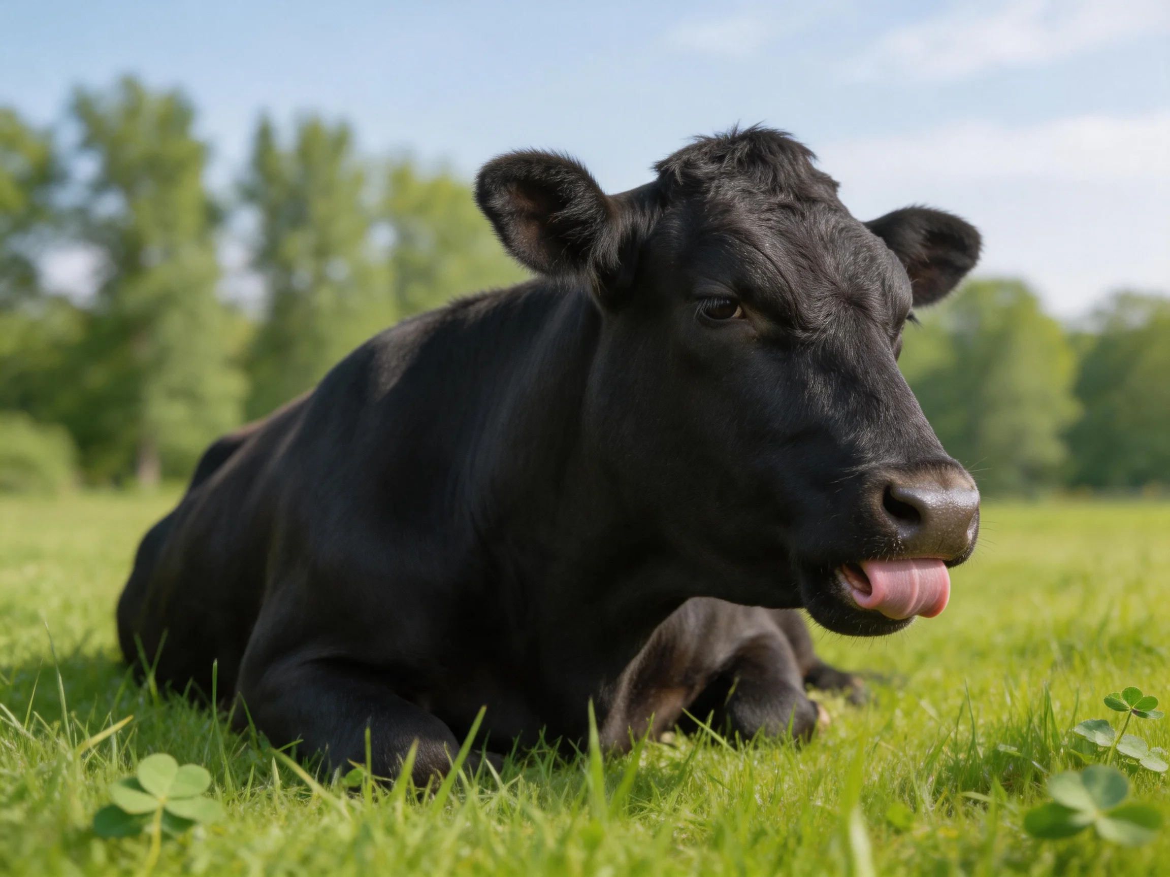 A black cow lounging on vibrant green grass in a sunny pasture