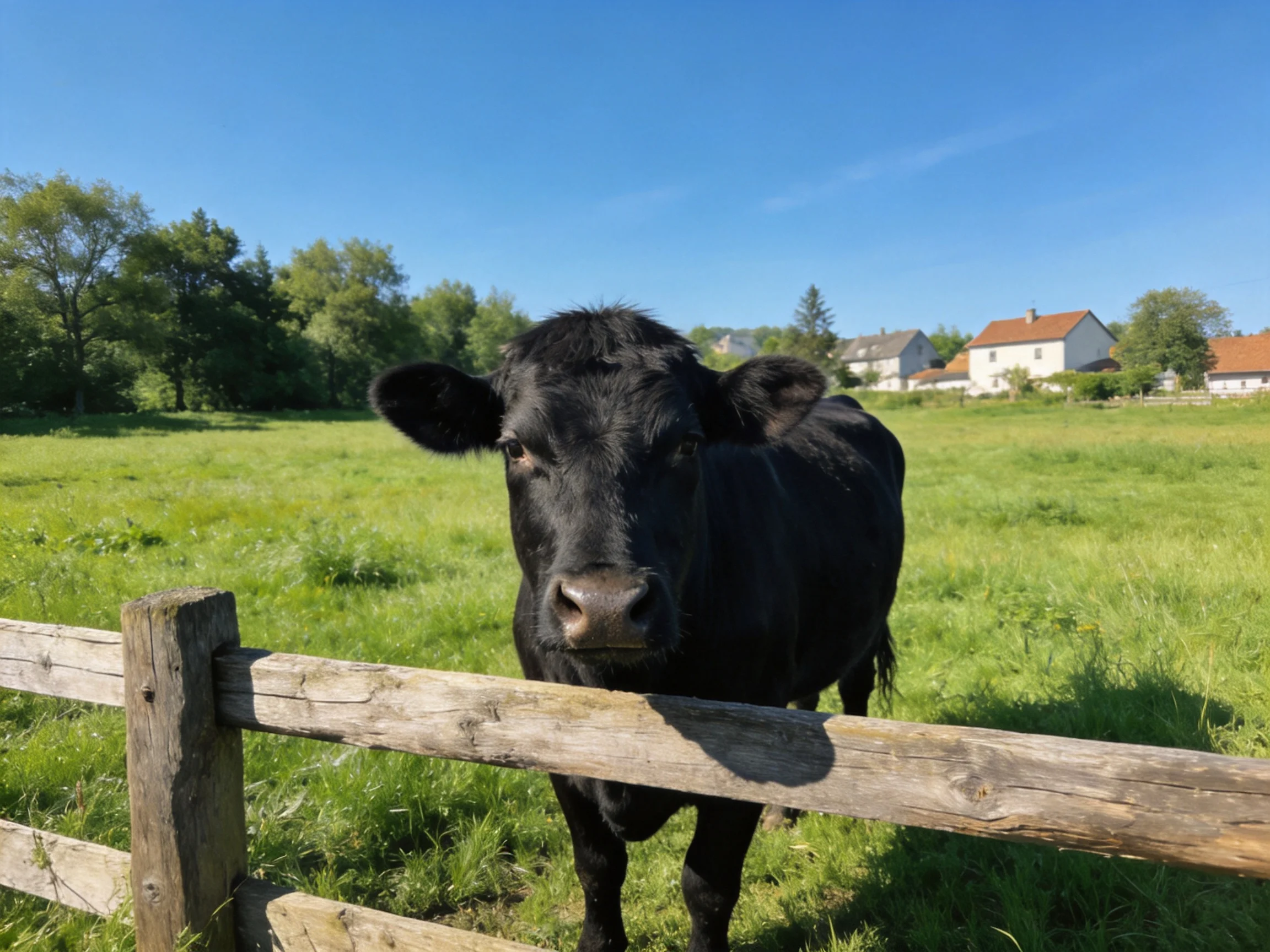A black cow near a weathered wooden fence in a green pasture