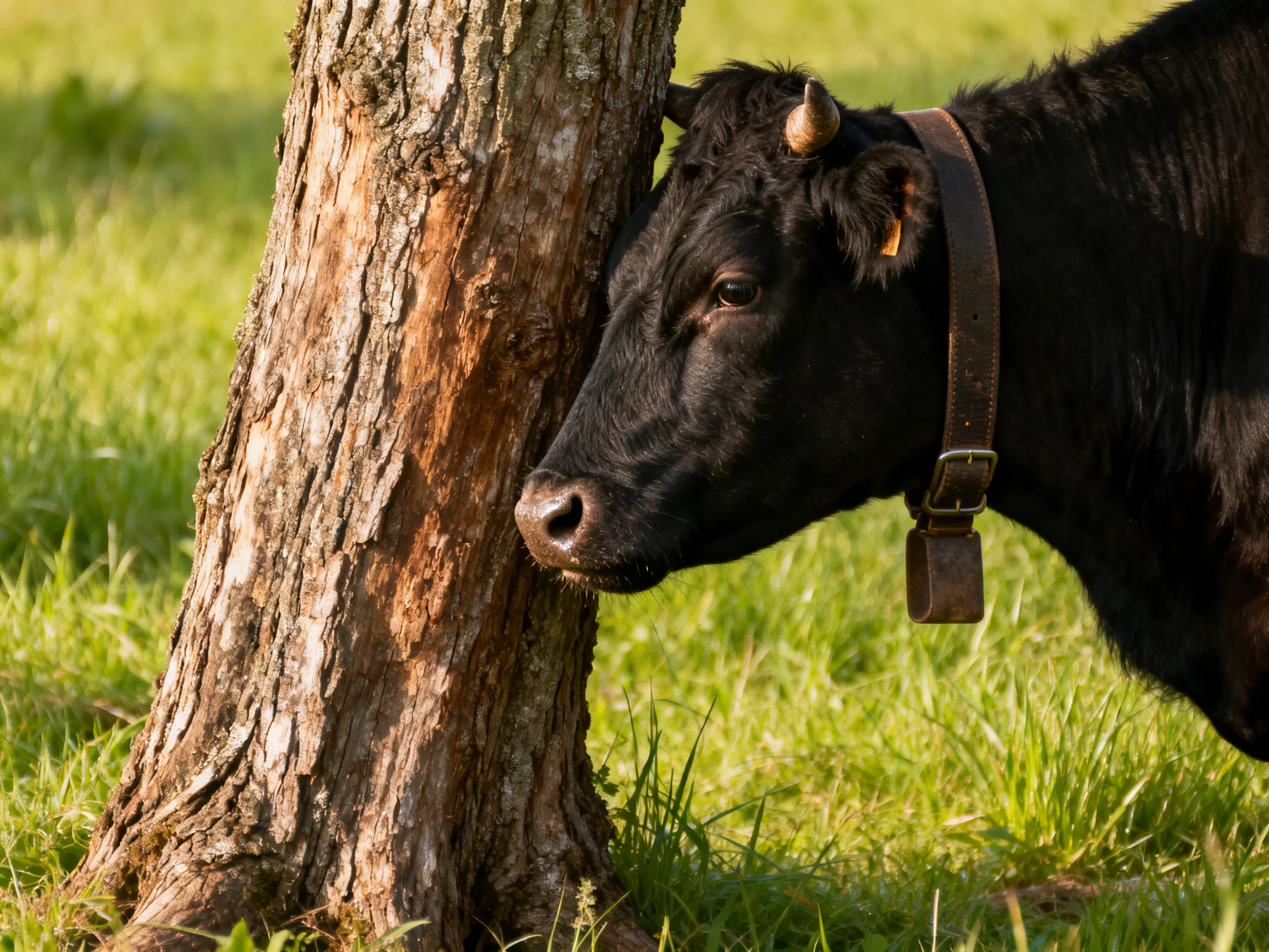 A black cow nuzzles a rough-barked tree in a sunlit pasture