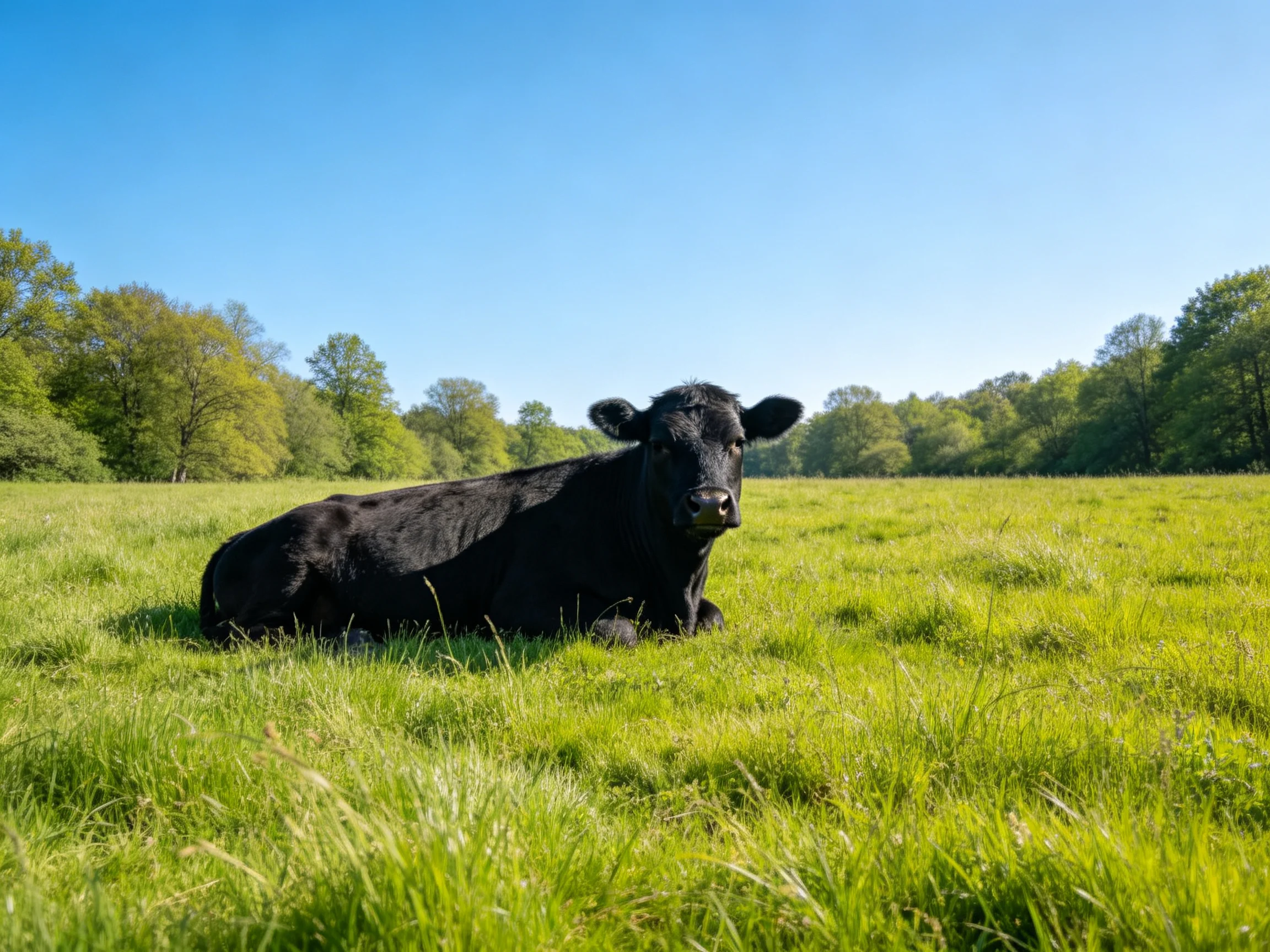 A black cow lies peacefully in a sunlit, grassy meadow near trees.