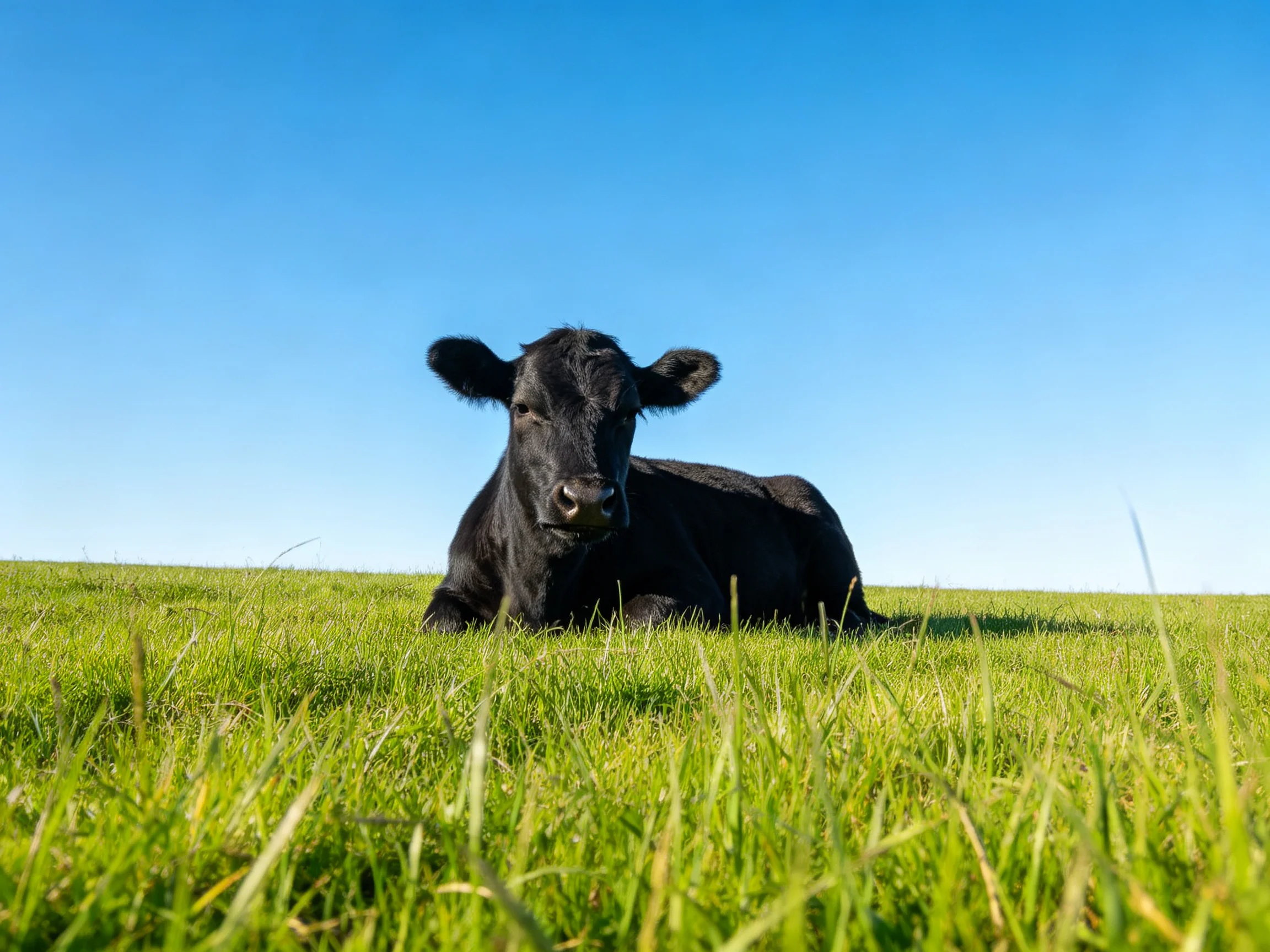 A black cow rests in tall green grass under a clear blue sky.