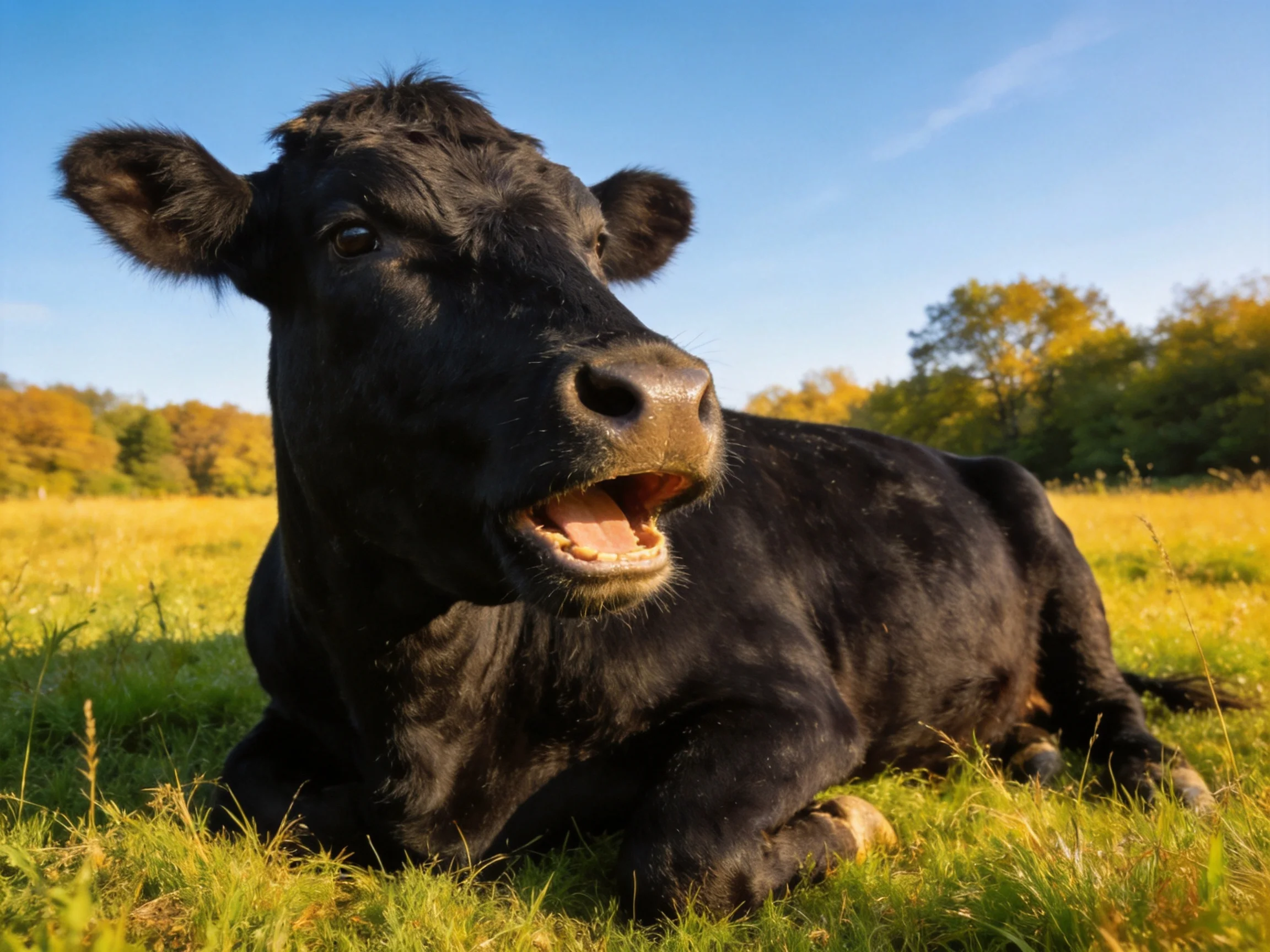 A black cow rests in a sunlit green meadow with trees