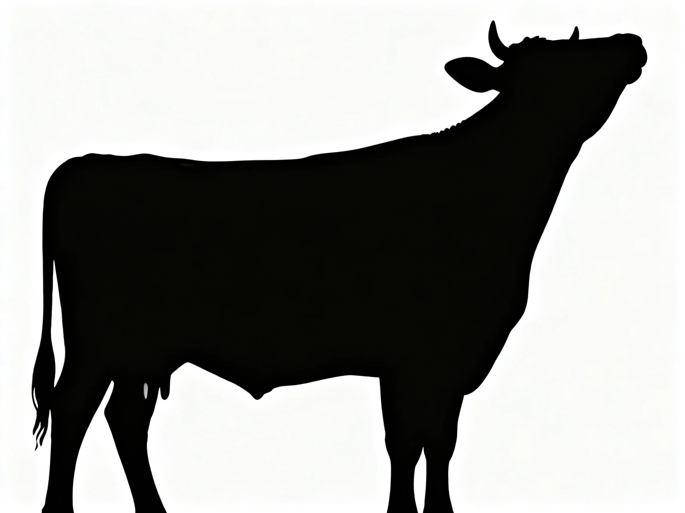 A black cow silhouette with curved horns on a white background